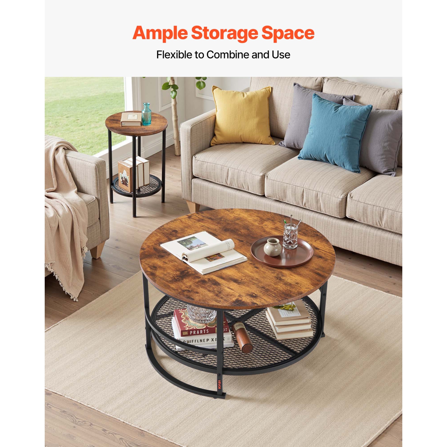 VEVOR 3 Pieces Round Coffee Table Sets, 31.5 in Industrial Living Room Table with 2 End Side Tables, Easy Assembly Coffee and End Tables Sets with