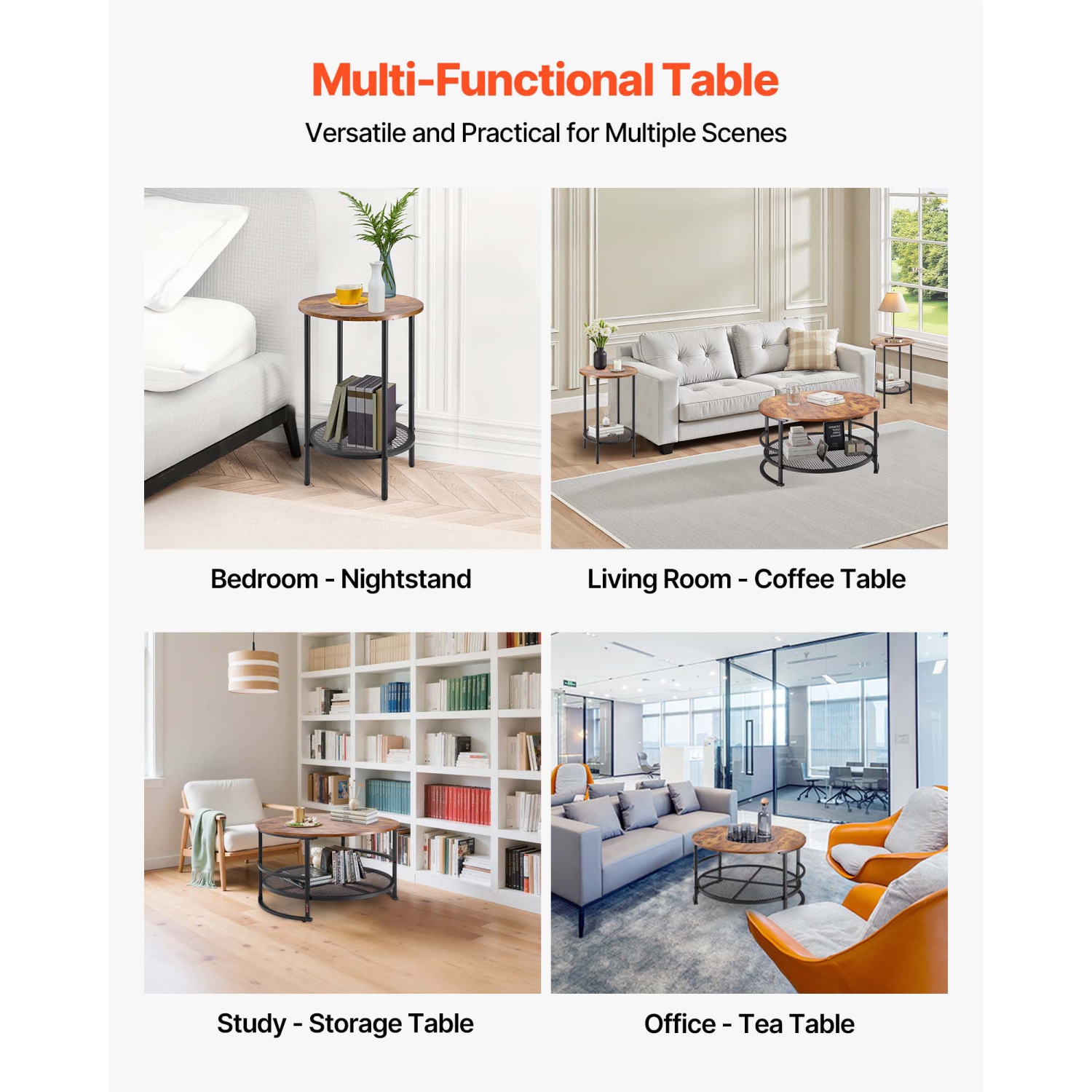 VEVOR 3 Pieces Round Coffee Table Sets, 31.5 in Industrial Living Room Table with 2 End Side Tables, Easy Assembly Coffee and End Tables Sets with