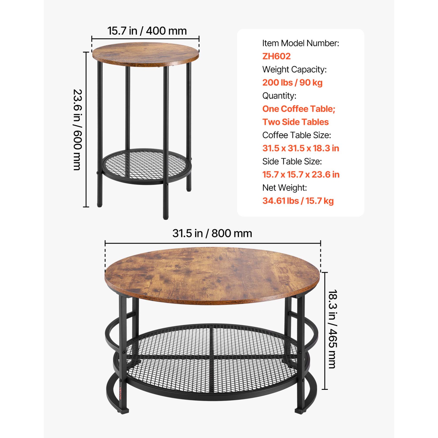 VEVOR 3 Pieces Round Coffee Table Sets, 31.5 in Industrial Living Room Table with 2 End Side Tables, Easy Assembly Coffee and End Tables Sets with