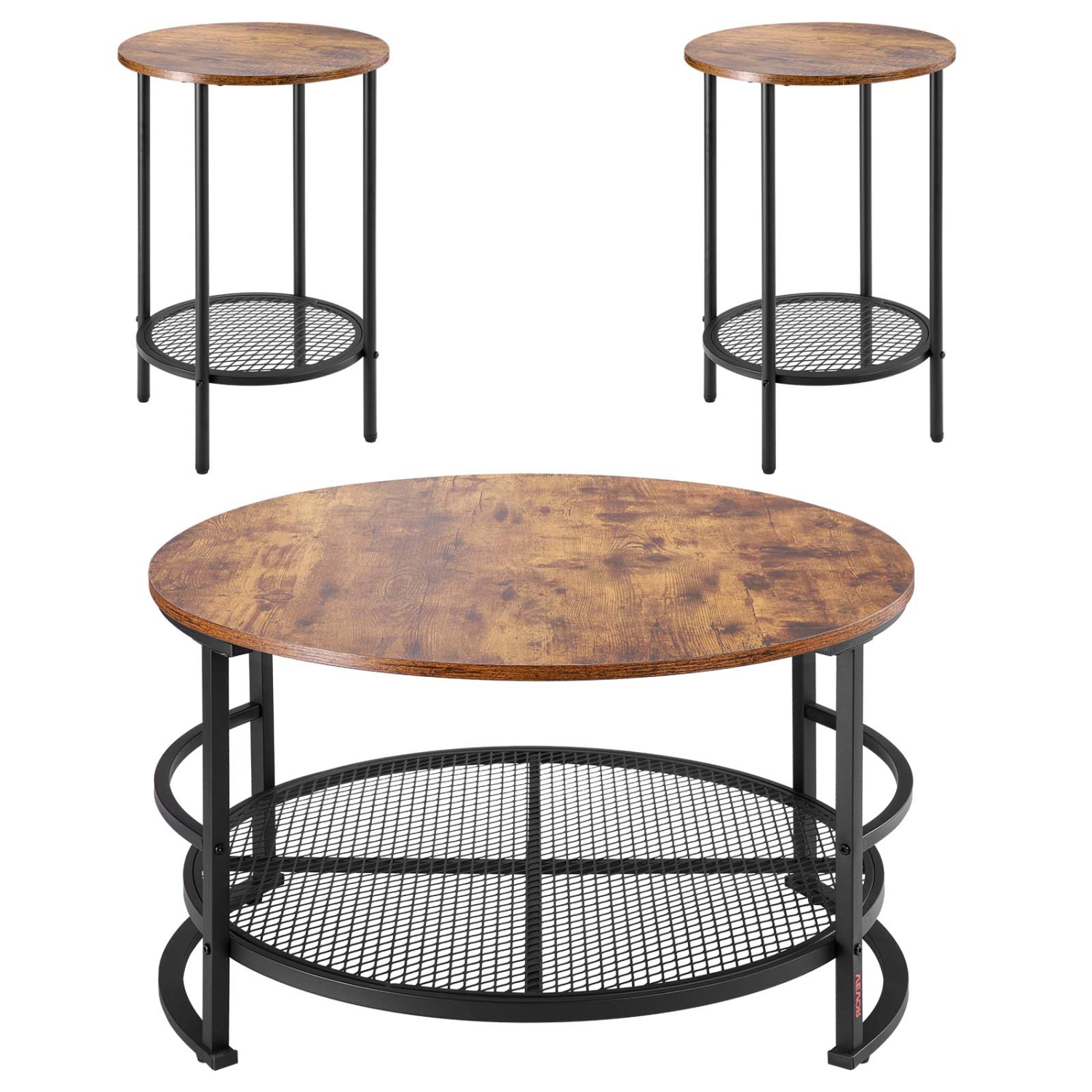VEVOR 3 Pieces Round Coffee Table Sets, 31.5 in Industrial Living Room Table with 2 End Side Tables, Easy Assembly Coffee and End Tables Sets with