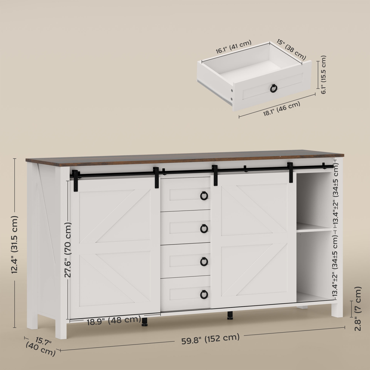 HOMCOM Farmhouse Sideboard Buffet Cabinet with Storage, 60" Kitchen Cabinet with 2 Sliding Barn Doors, 4 Drawers and 2 Adjustable Shelves, Coffee Bar