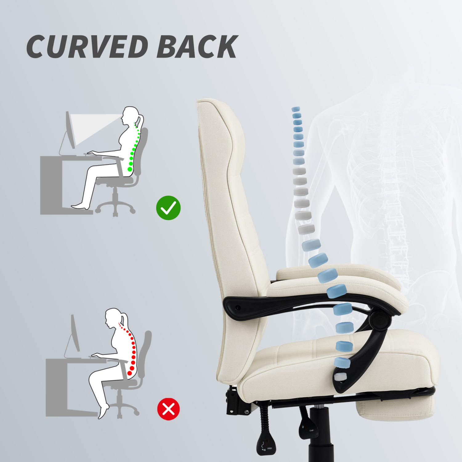 Chaise de bureau Vinsetto, chaise de bureau d'ordinateur à dossier haut en lin, fauteuil inclinable pivotant à hauteur réglable, repose-pieds et