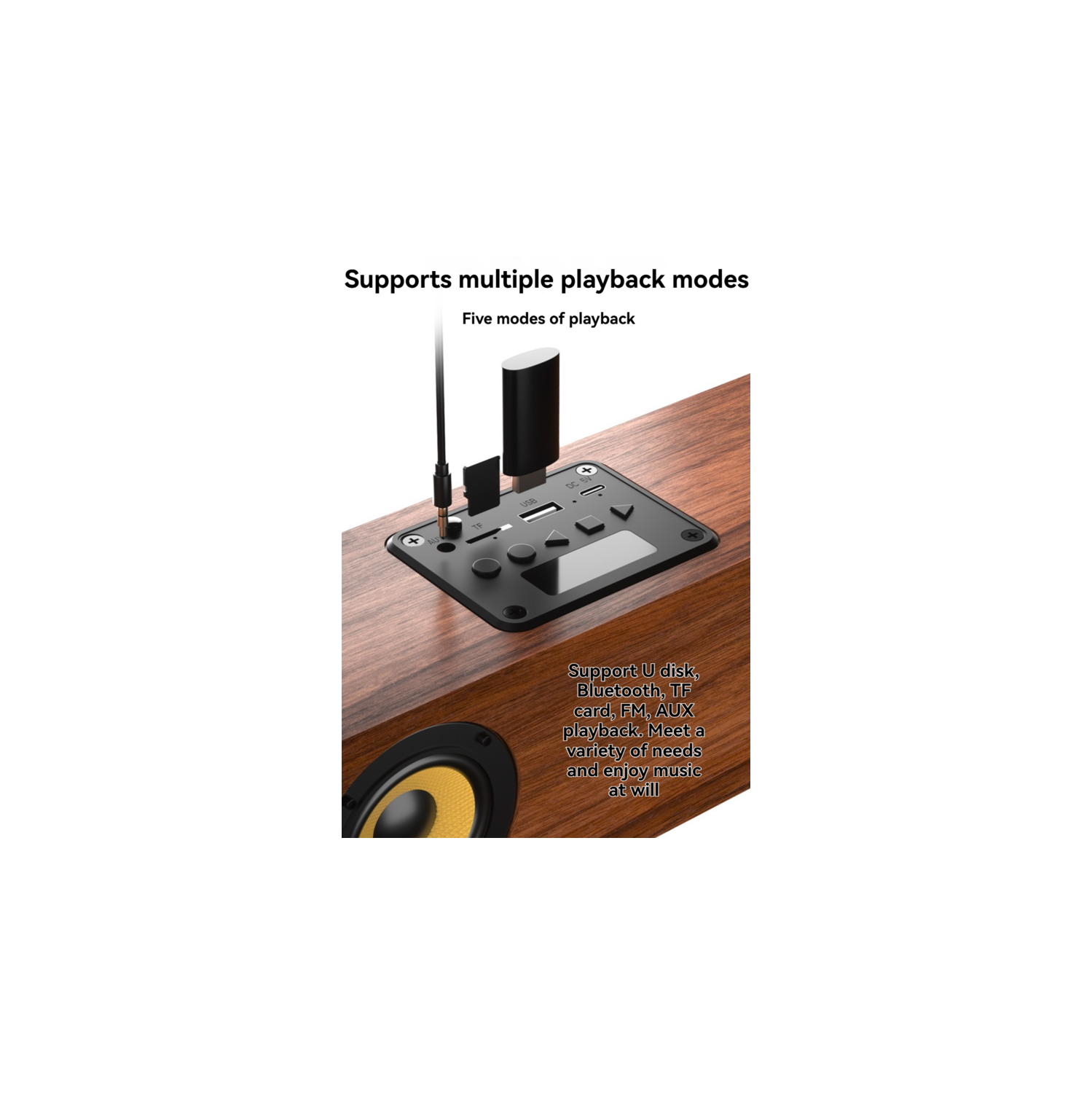 Wood-grain four-speaker Bluetooth soundbar | 2.0 stereo subwoofer | Bluetooth/AUX/USB flash drive/TF card/FM radio | 2000mAh long-lasting battery |