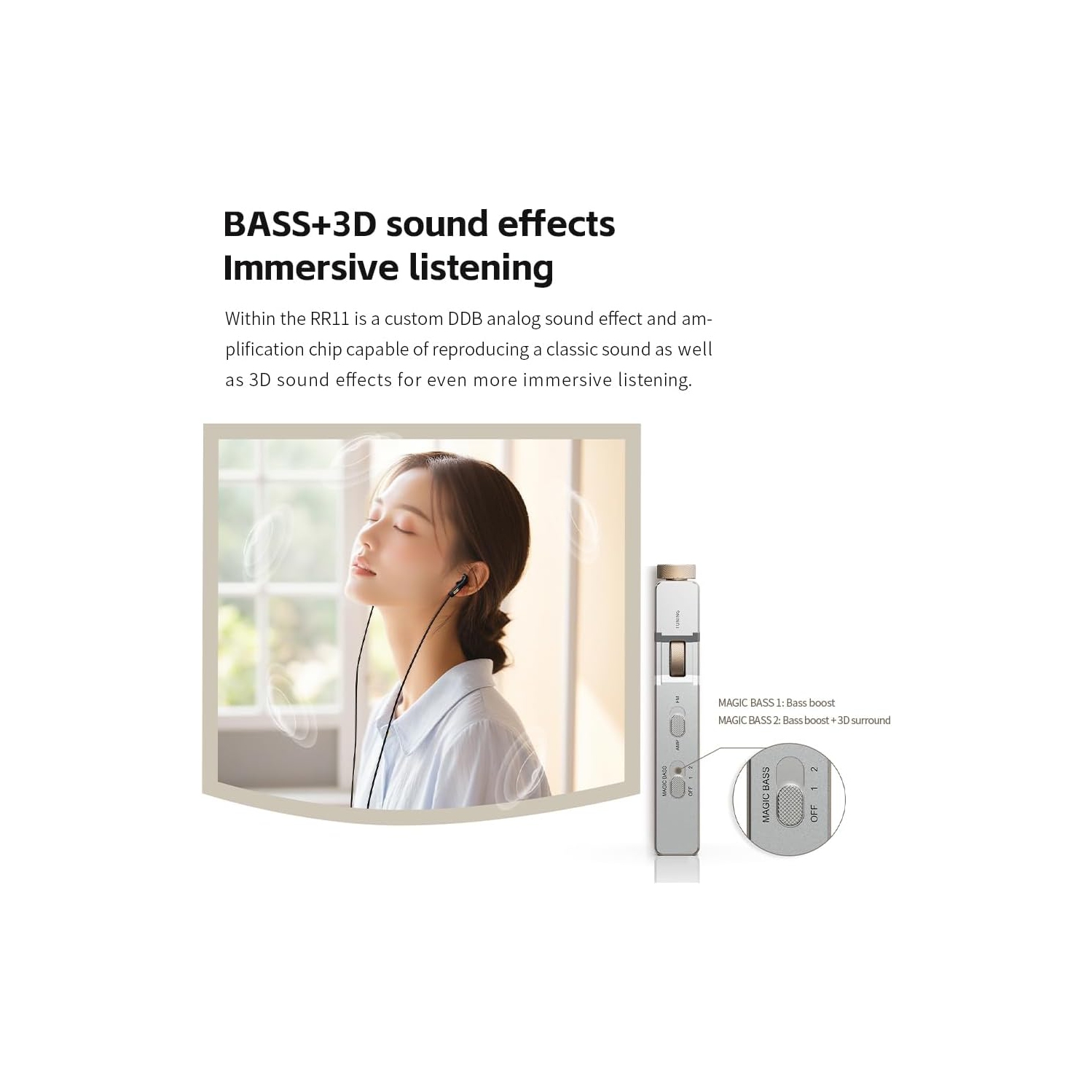 Récepteur radio FM stéréo haute fidélité portatif RR11 de FiiO avec syntonisation analogique, effets sonores BASS+3D, 64&nbsp;MHz-108&nbsp;MHz