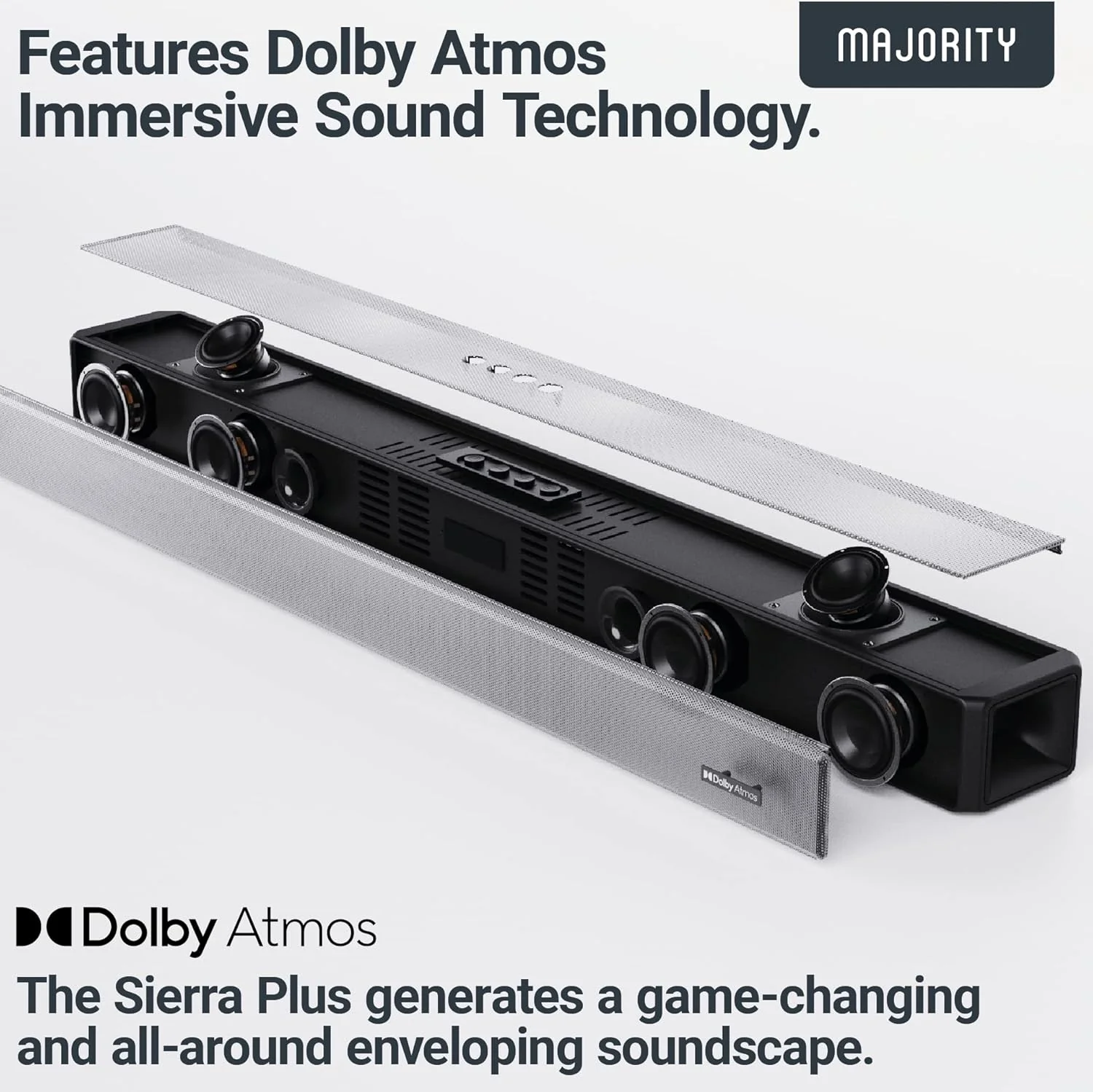 Barre de son Bluetooth majoritaire Barre de son Dolby Atmos Sierra de 280 W avec haut-parleur d'extrêmes graves intégré et télécommande – Noir