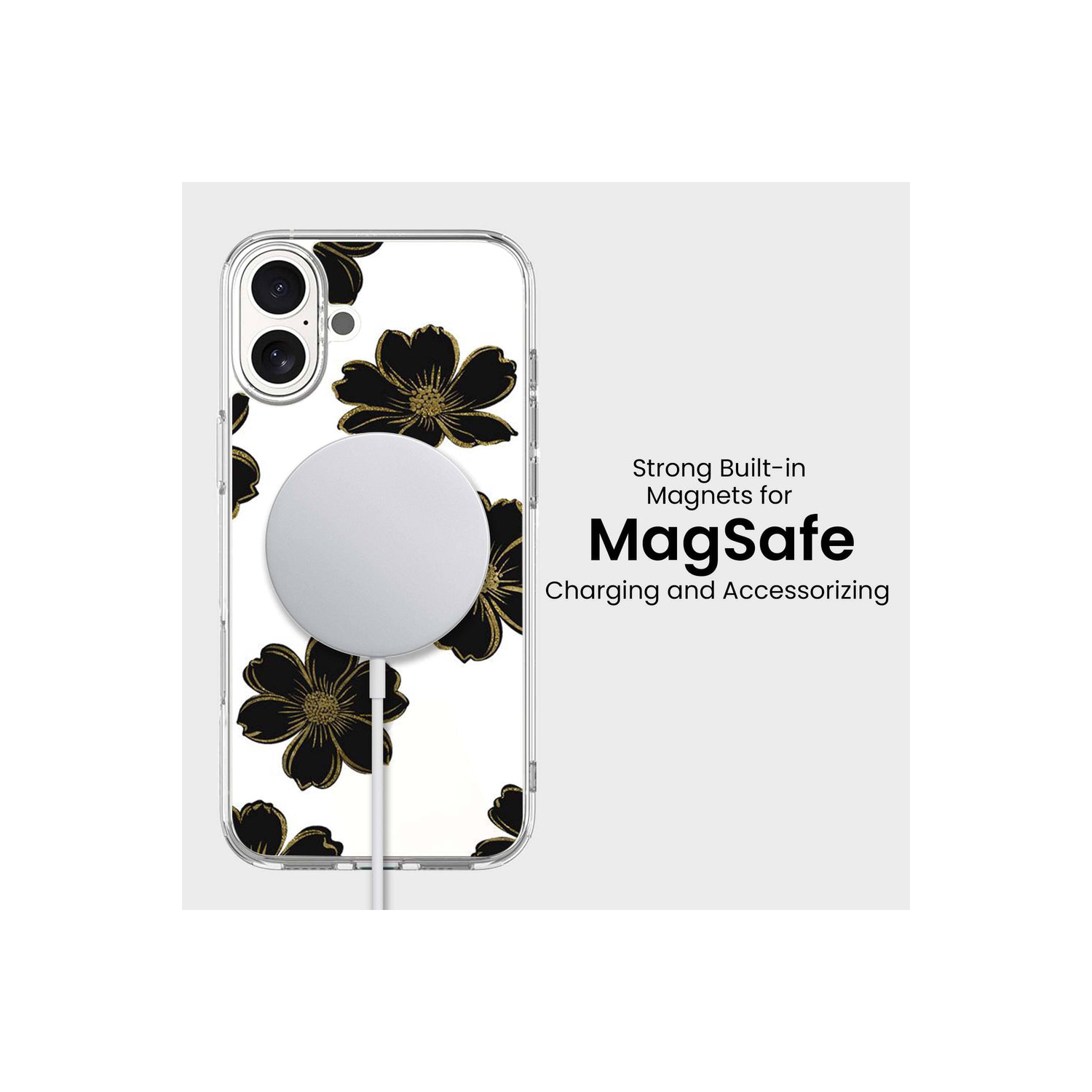 Étui transparent fleur noire MagSafe pour iPhone 16