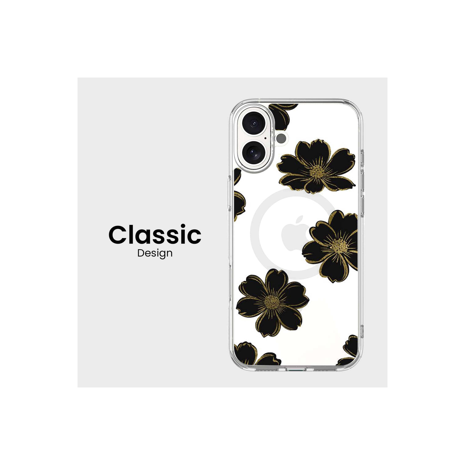 Étui transparent fleur noire MagSafe pour iPhone 16