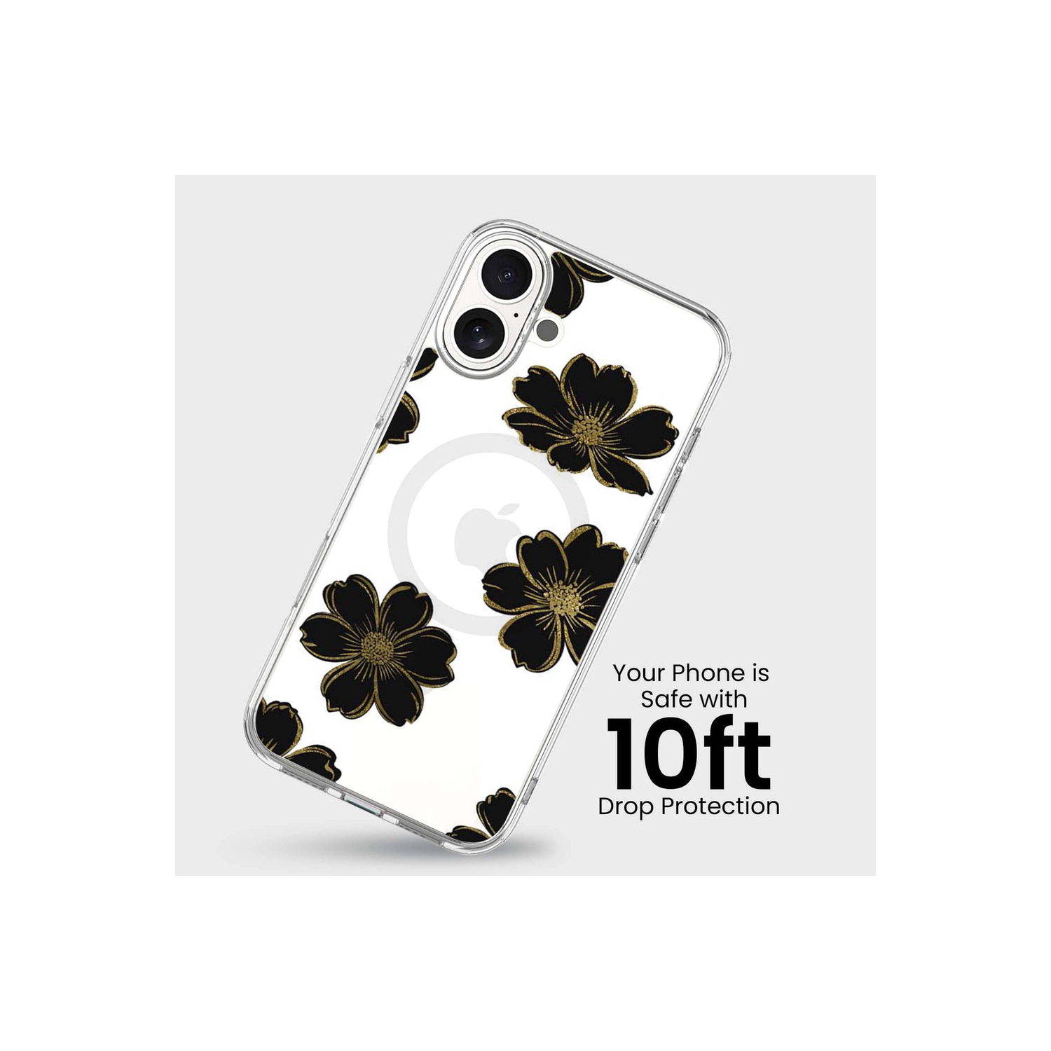 Étui transparent fleur noire MagSafe pour iPhone 16