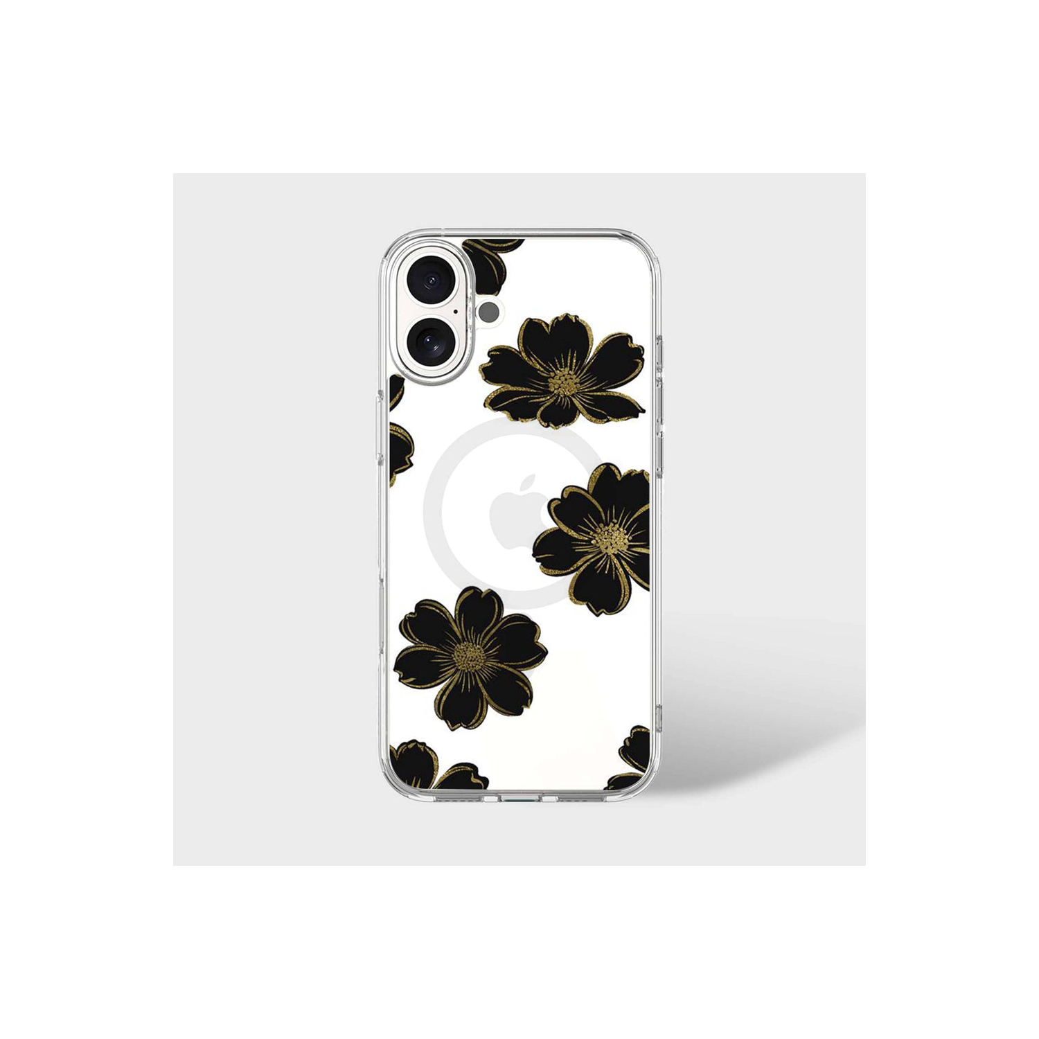 Étui transparent fleur noire MagSafe pour iPhone 16