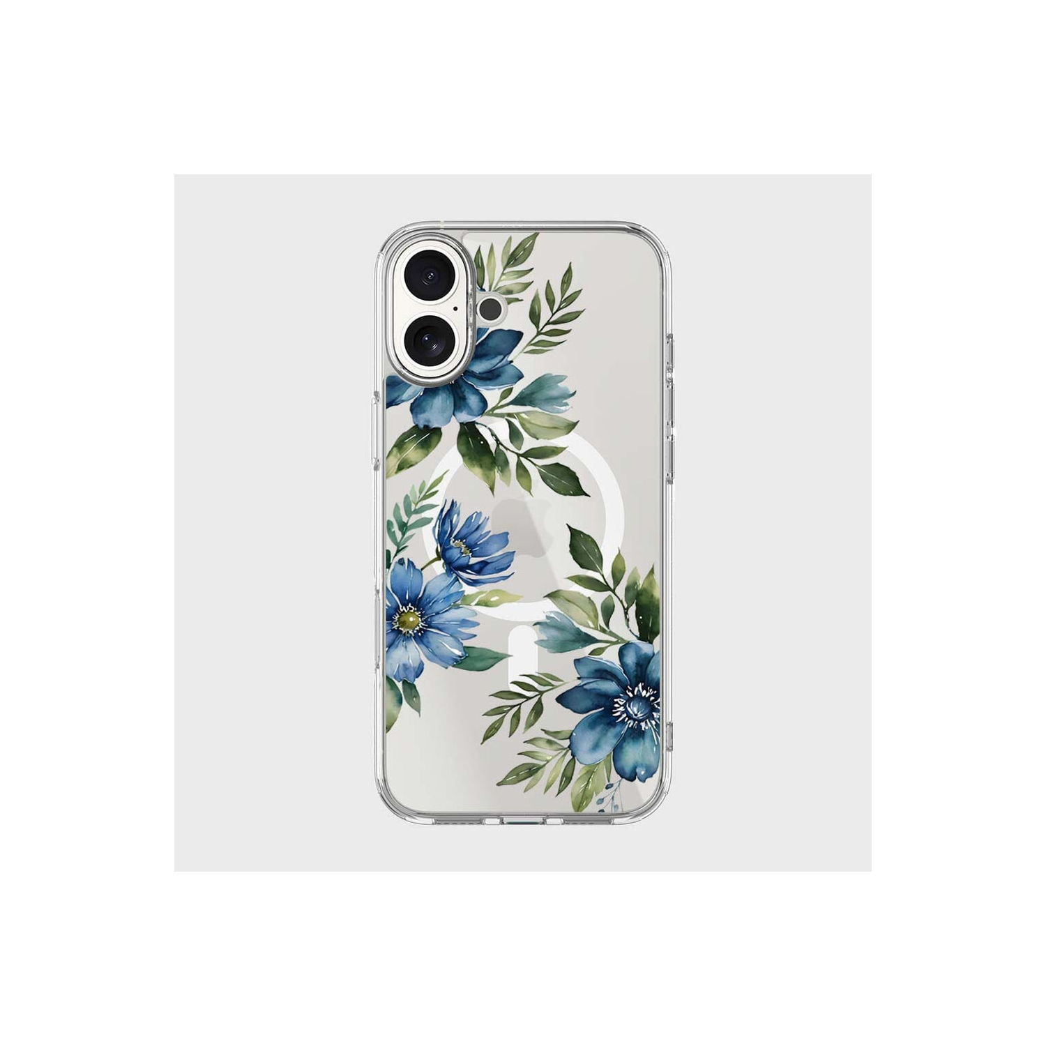 MagSafe iPhone 16 Blue Floral Clear Case