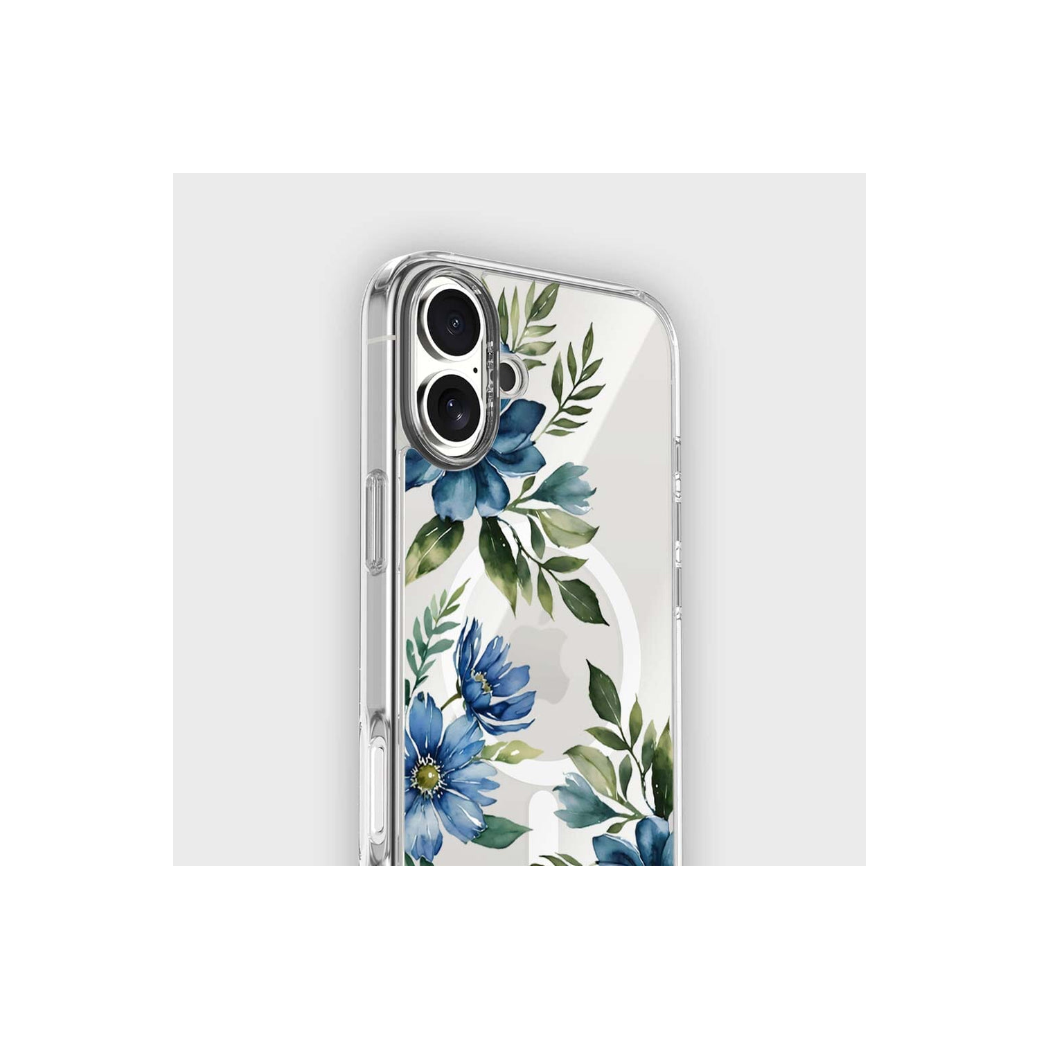 MagSafe iPhone 16 Blue Floral Clear Case