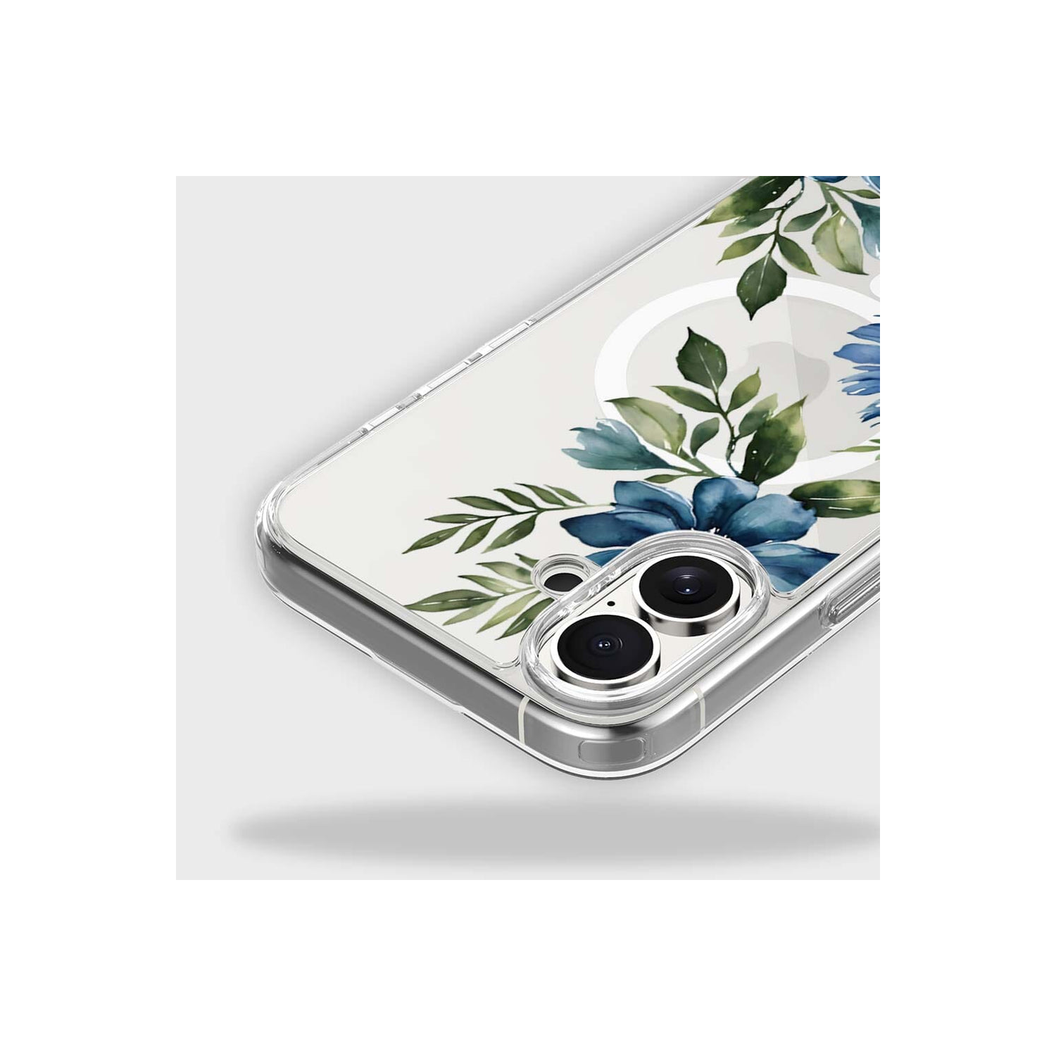 MagSafe iPhone 16 Blue Floral Clear Case