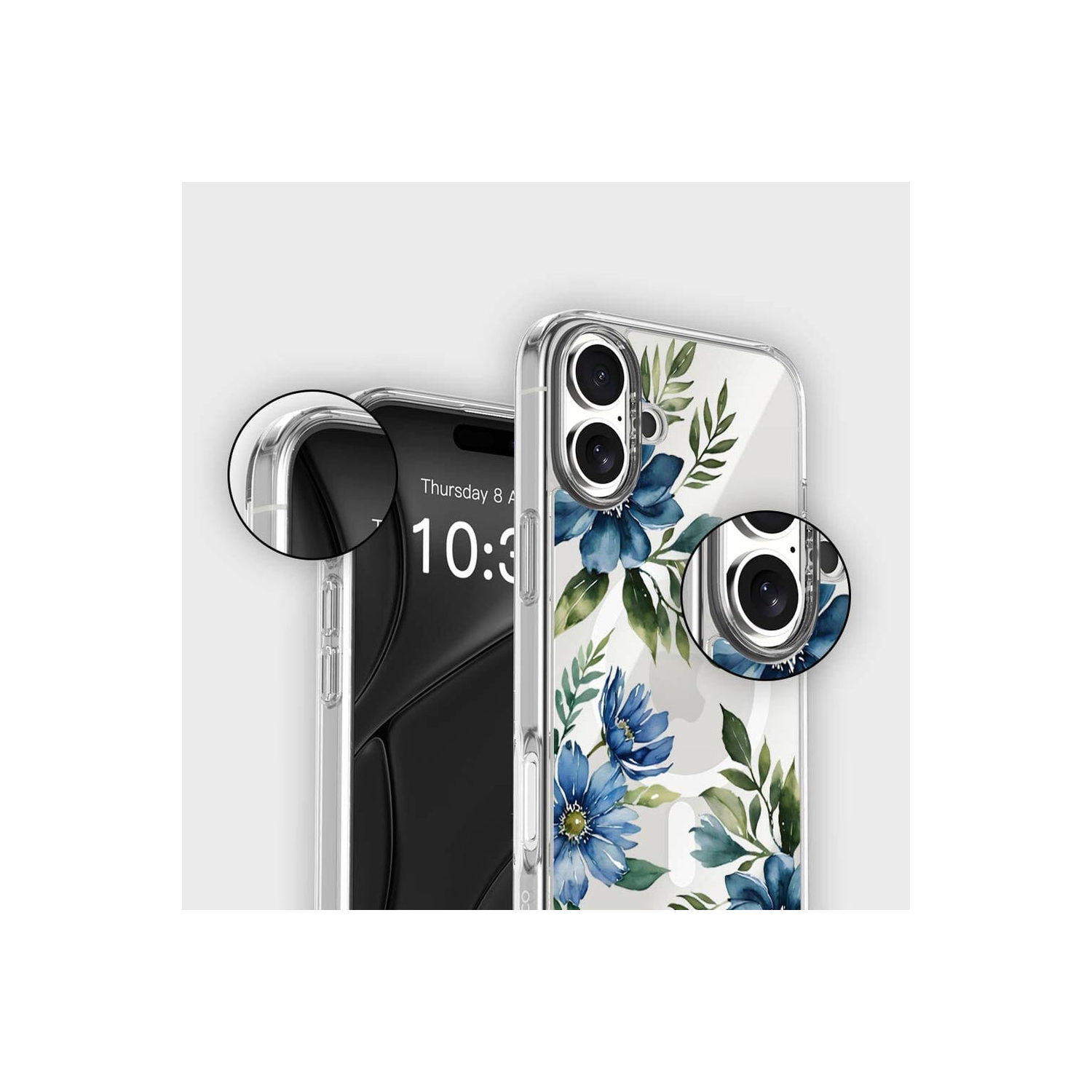 MagSafe iPhone 16 Blue Floral Clear Case