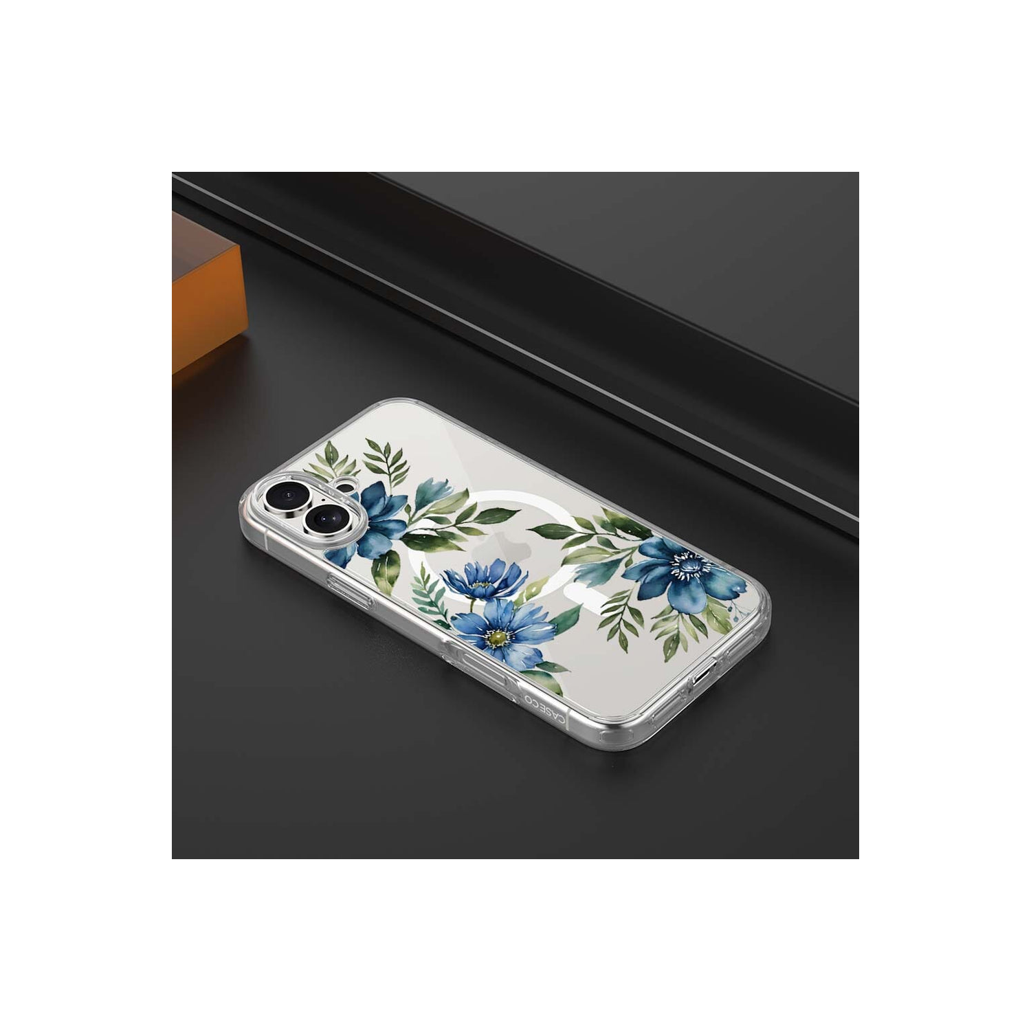 MagSafe iPhone 16 Blue Floral Clear Case