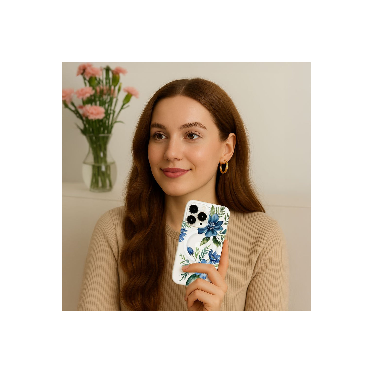 MagSafe iPhone 16 Blue Floral Clear Case