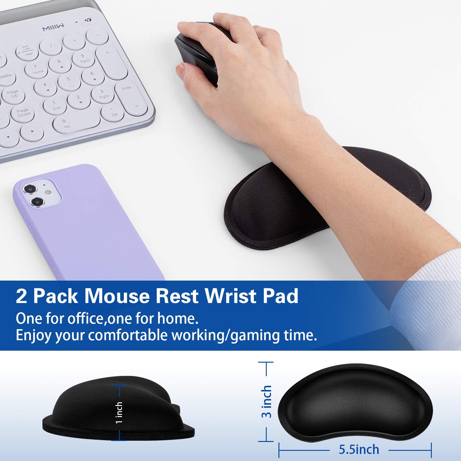 Mouse Wrist Rest, Canjoy 2 Pack Memory Foam Soft Fabric Mouse Wrist Rest Pad Support Cushion with Anti-Skid Rubber Base,Ergonomic Pain Relief Mouse