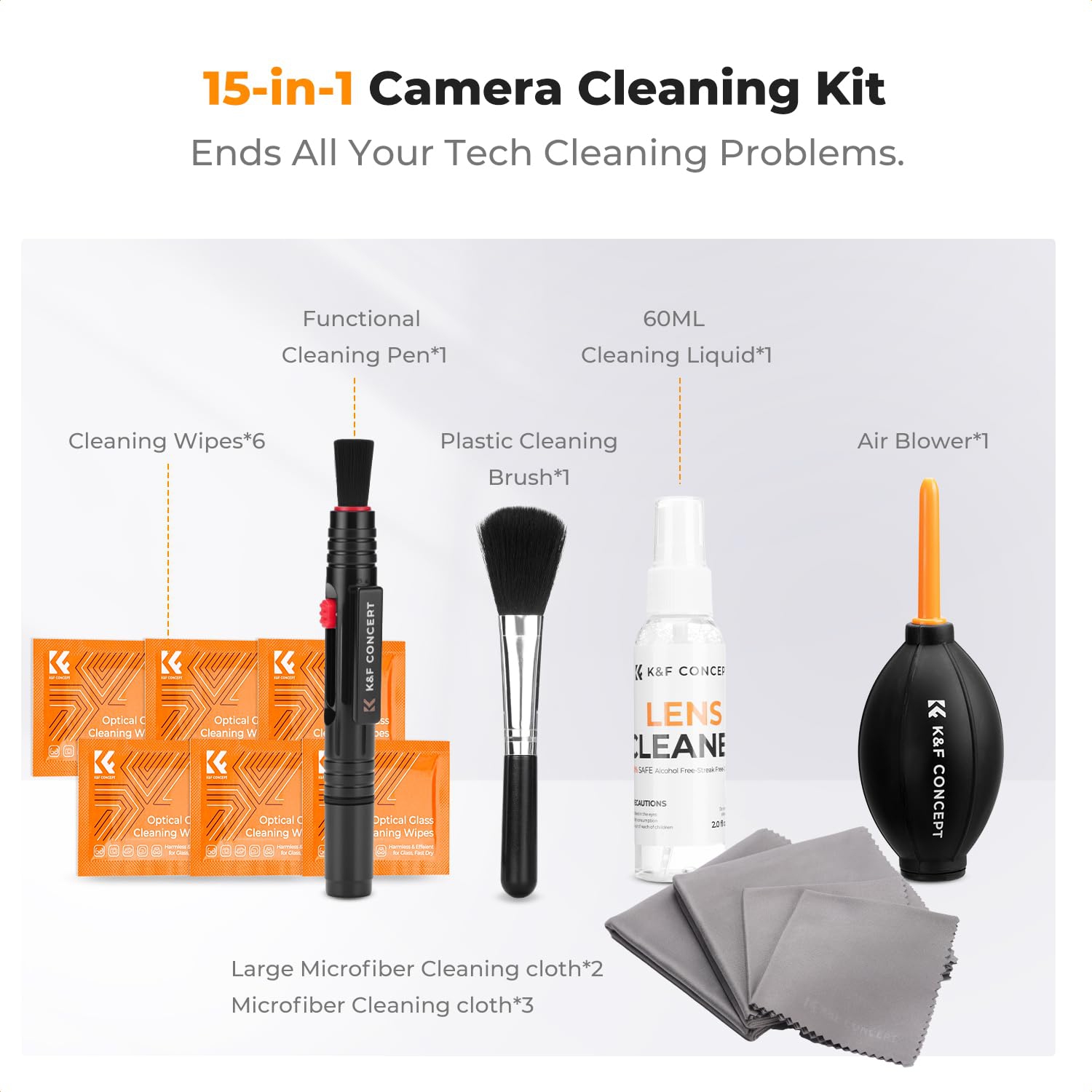15-in-1 Camera Lens Cleaning Kit with Air Blowing, Wipes*6, 60ml Liquid, Cleaning Cloth*5, Lens Pen, Brush for DSLR Camera Lens Filter Cell Phones