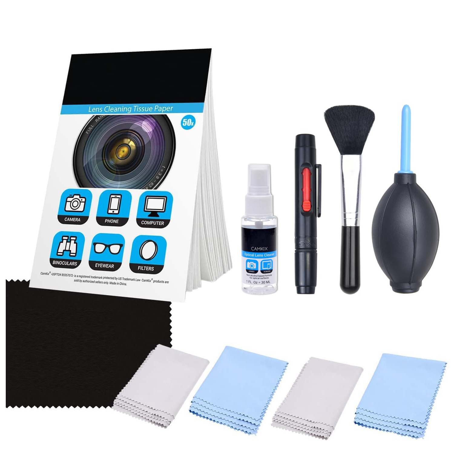 Camera Lens Cleaning Kit - Air Blower, 2in1 Lens Pen, Cleaning Brush, Spray Bottle w/Solution, Lens Paper Tissue, Microfiber Cloths- for Lenses