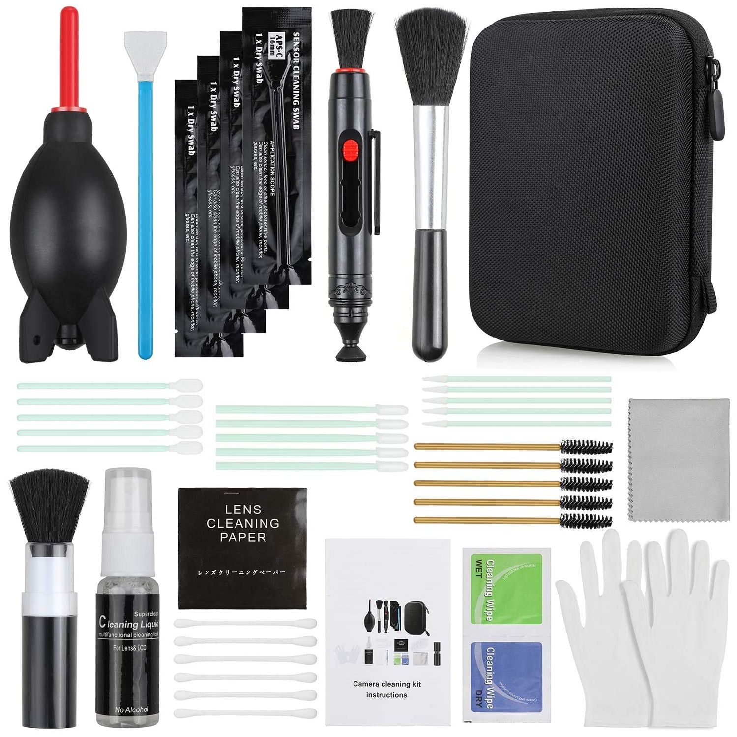 17-in-1 Camera Cleaning Kit for DSLR Cameras, with Air Blower/Cleaning Pen/Detergent/Cleaning Cloth/Lens Brush/Carry Case