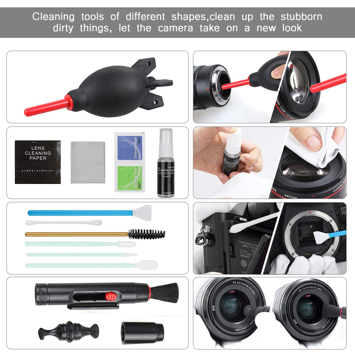 17-in-1 Camera Cleaning Kit for DSLR Cameras, with Air Blower/Cleaning Pen/Detergent/Cleaning Cloth/Lens Brush/Carry Case