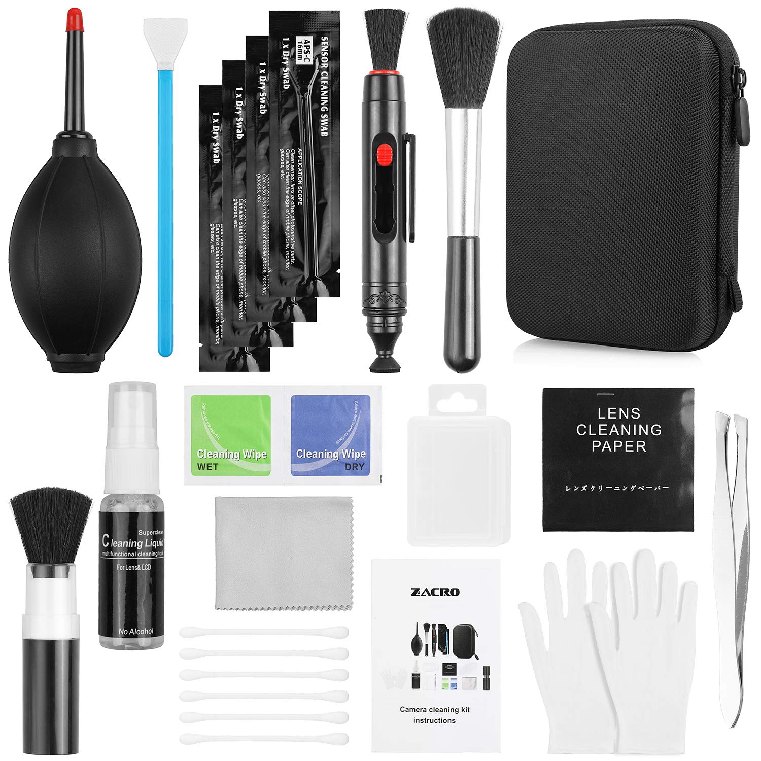14-in-1 Professional Camera Cleaning Kit With Blowing Bottle, Solution, Lens Pen, Brush, Swabs, Cloth, Gloves in Storage Box