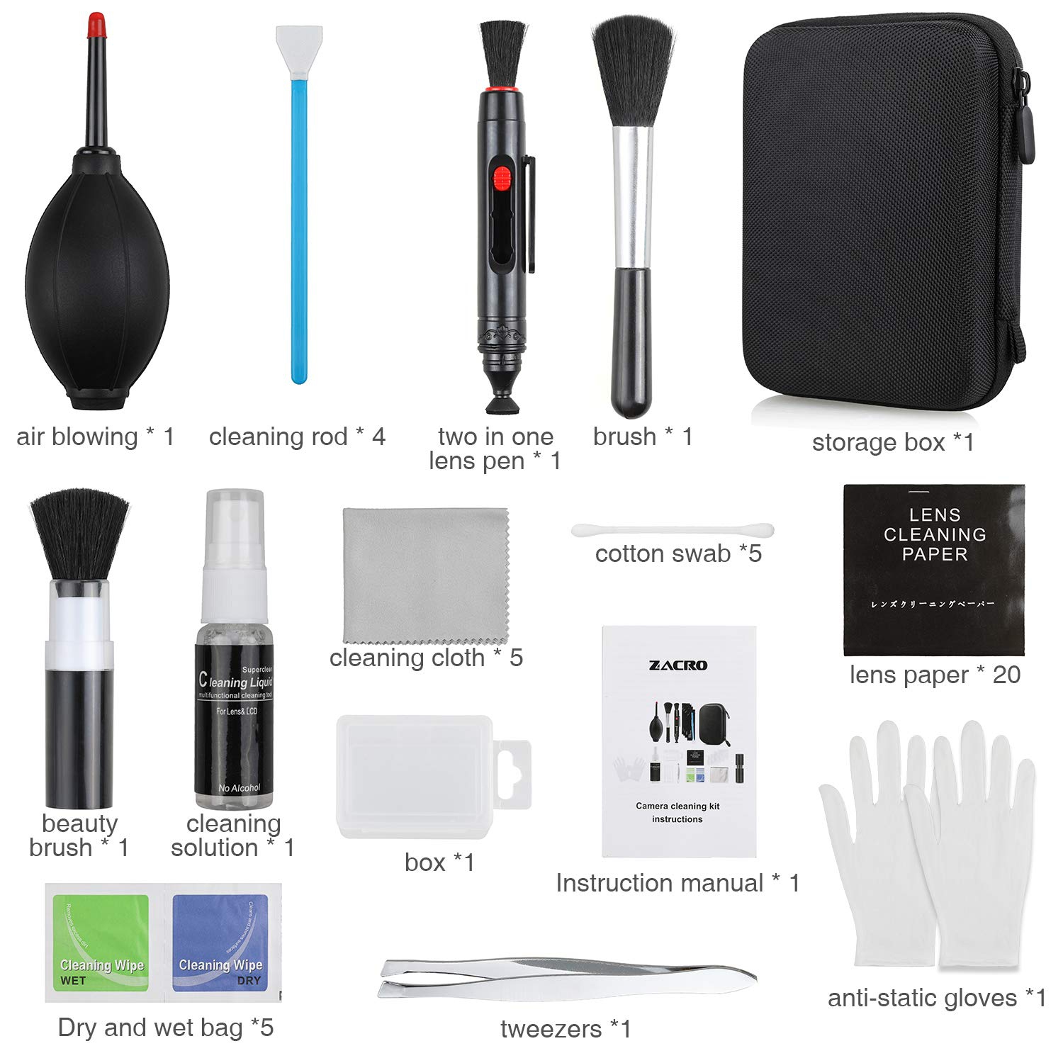 14-in-1 Professional Camera Cleaning Kit With Blowing Bottle, Solution, Lens Pen, Brush, Swabs, Cloth, Gloves in Storage Box