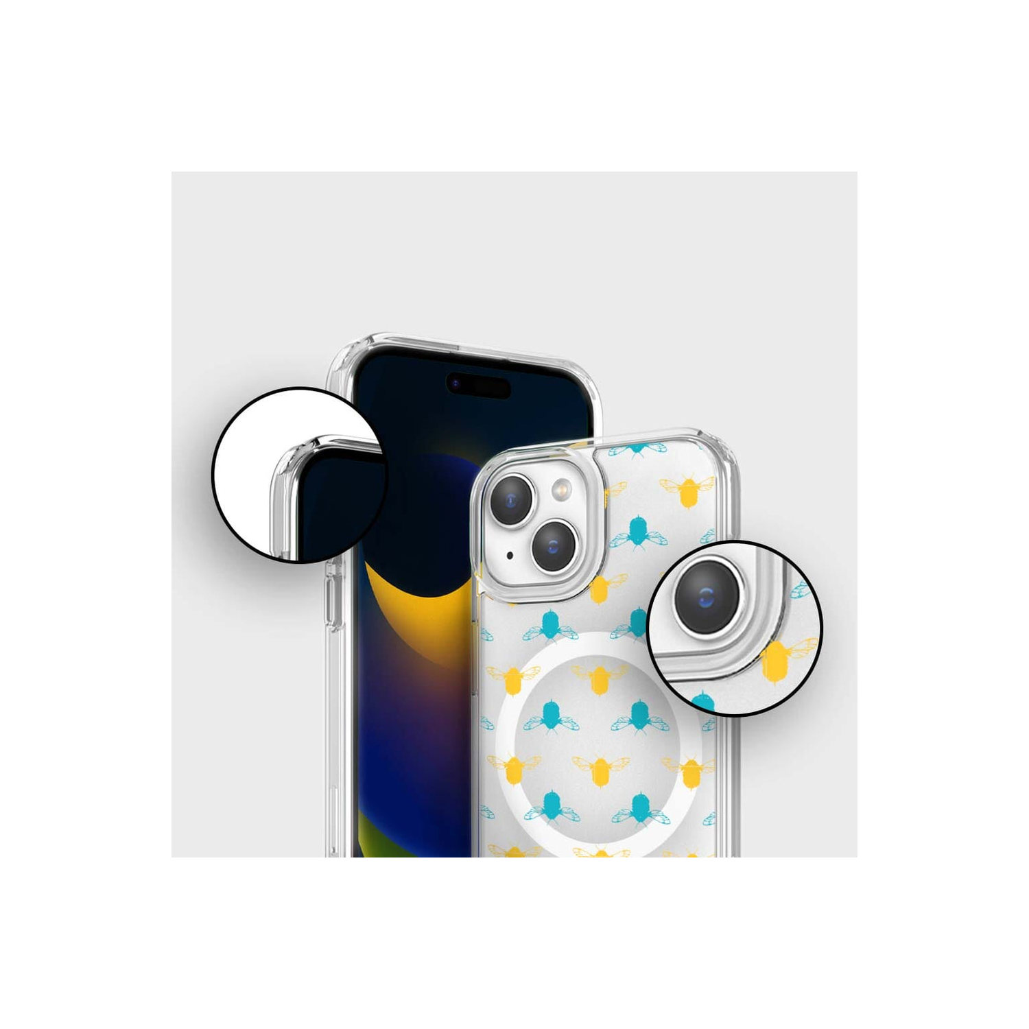 Étui transparent pour iPhone 16e - Motif Bumble bleu et jaune