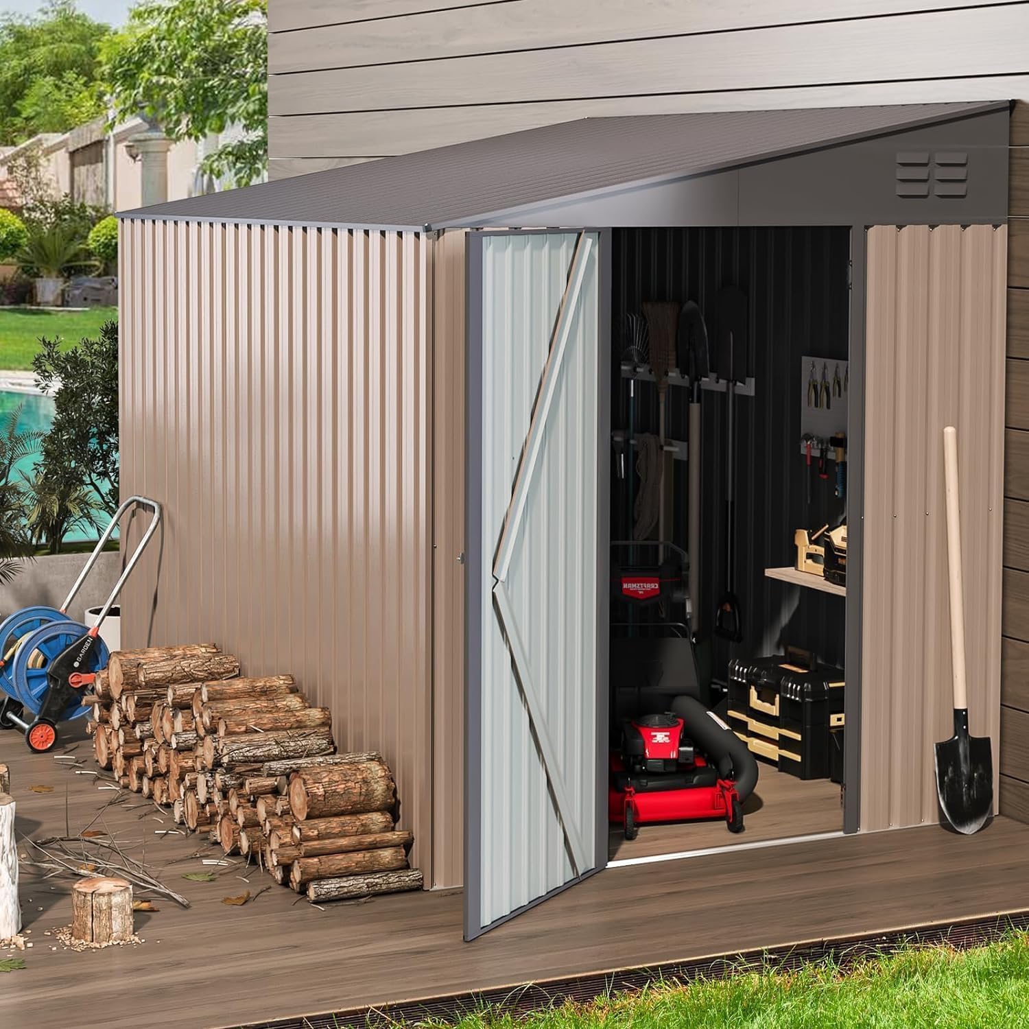 AECOJOY 6' x 8' Lean to Storage Shed Outdoor Storage, Storage Cabinet Shed Metal Wall Side Storage Sheds, Grey