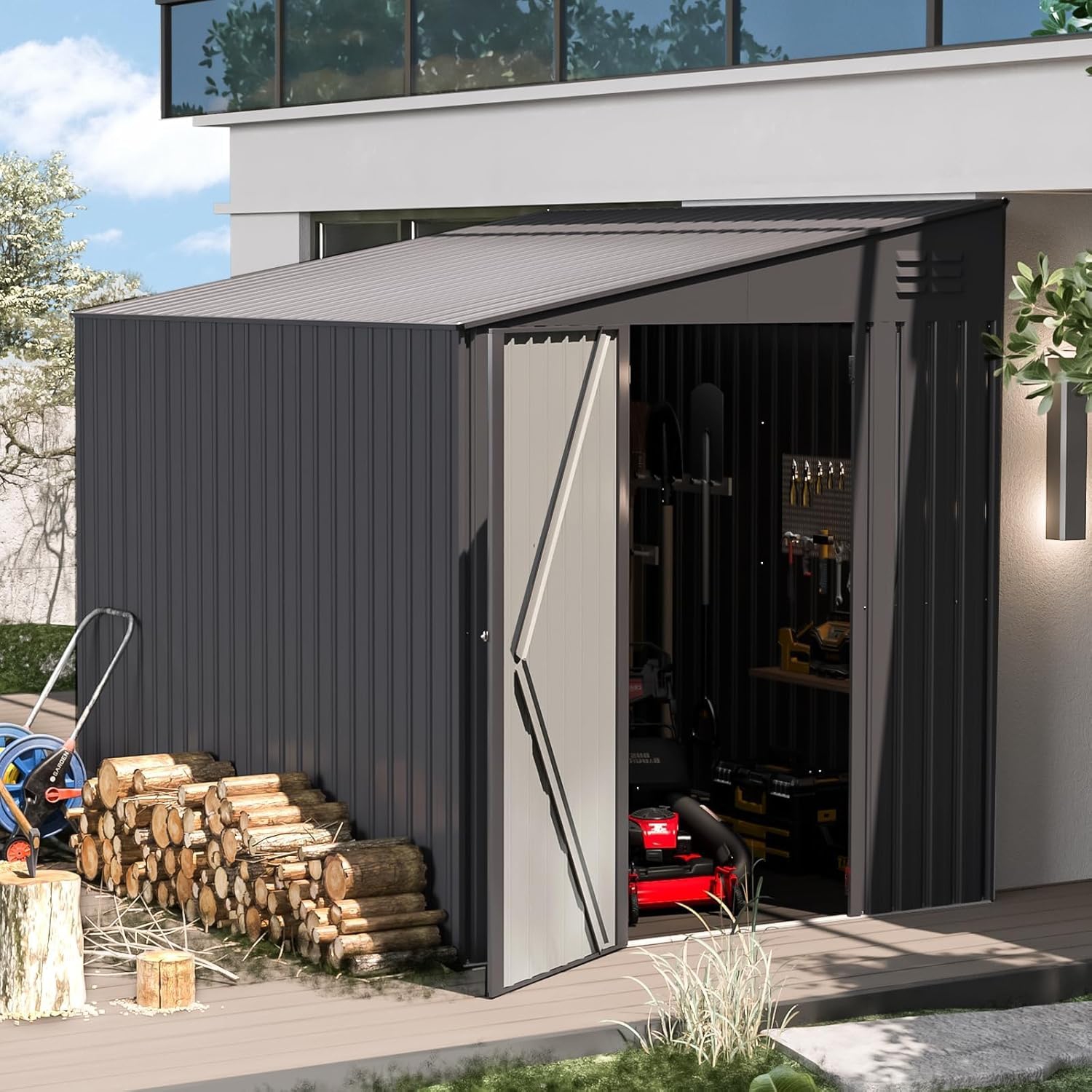 AECOJOY 6' x 8' Lean to Storage Shed Outdoor Storage, Storage Cabinet Shed Metal Wall Side Storage Sheds, Dark Grey