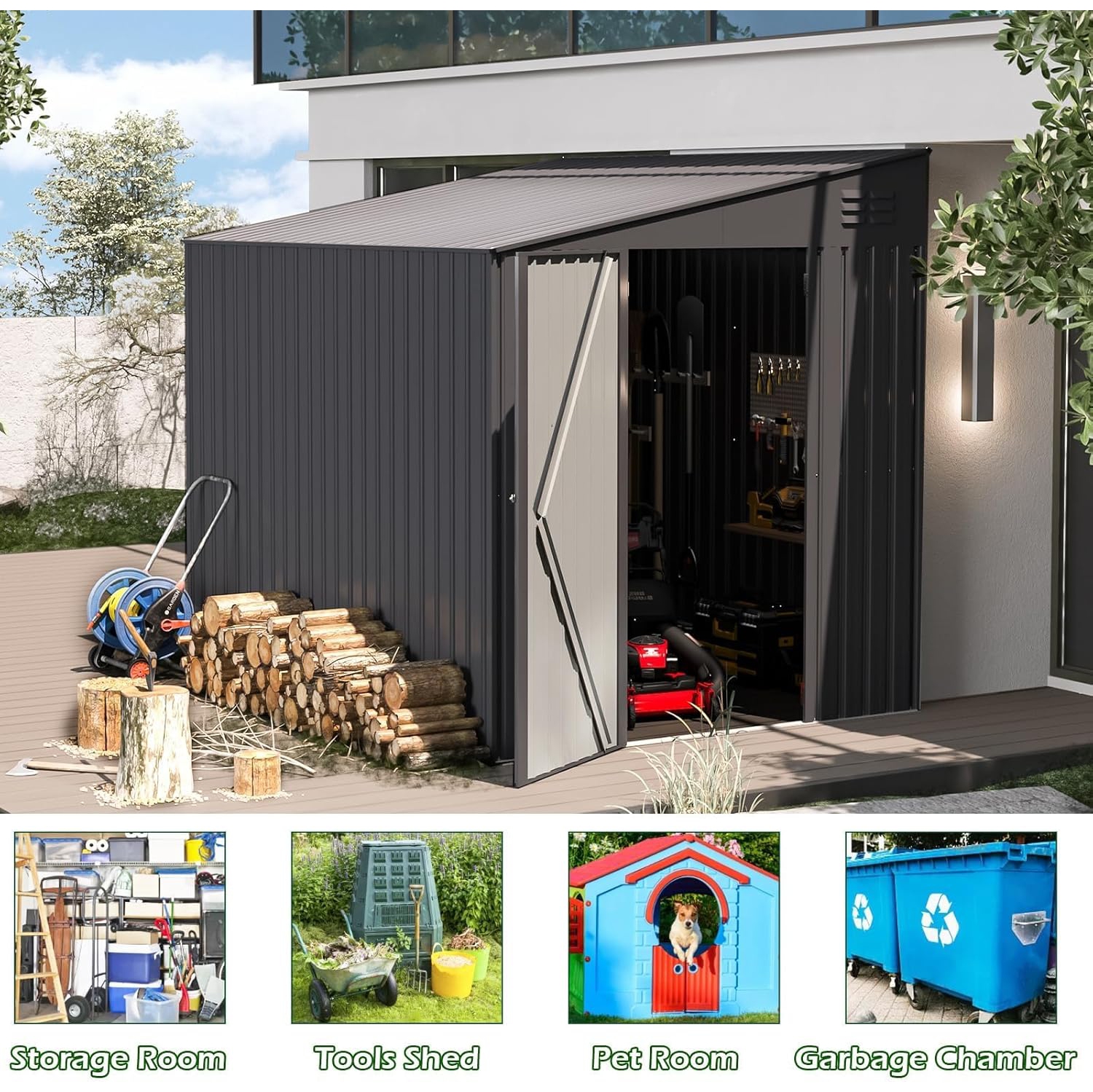 AECOJOY 6' x 8' Lean to Storage Shed Outdoor Storage, Storage Cabinet Shed Metal Wall Side Storage Sheds, Dark Grey