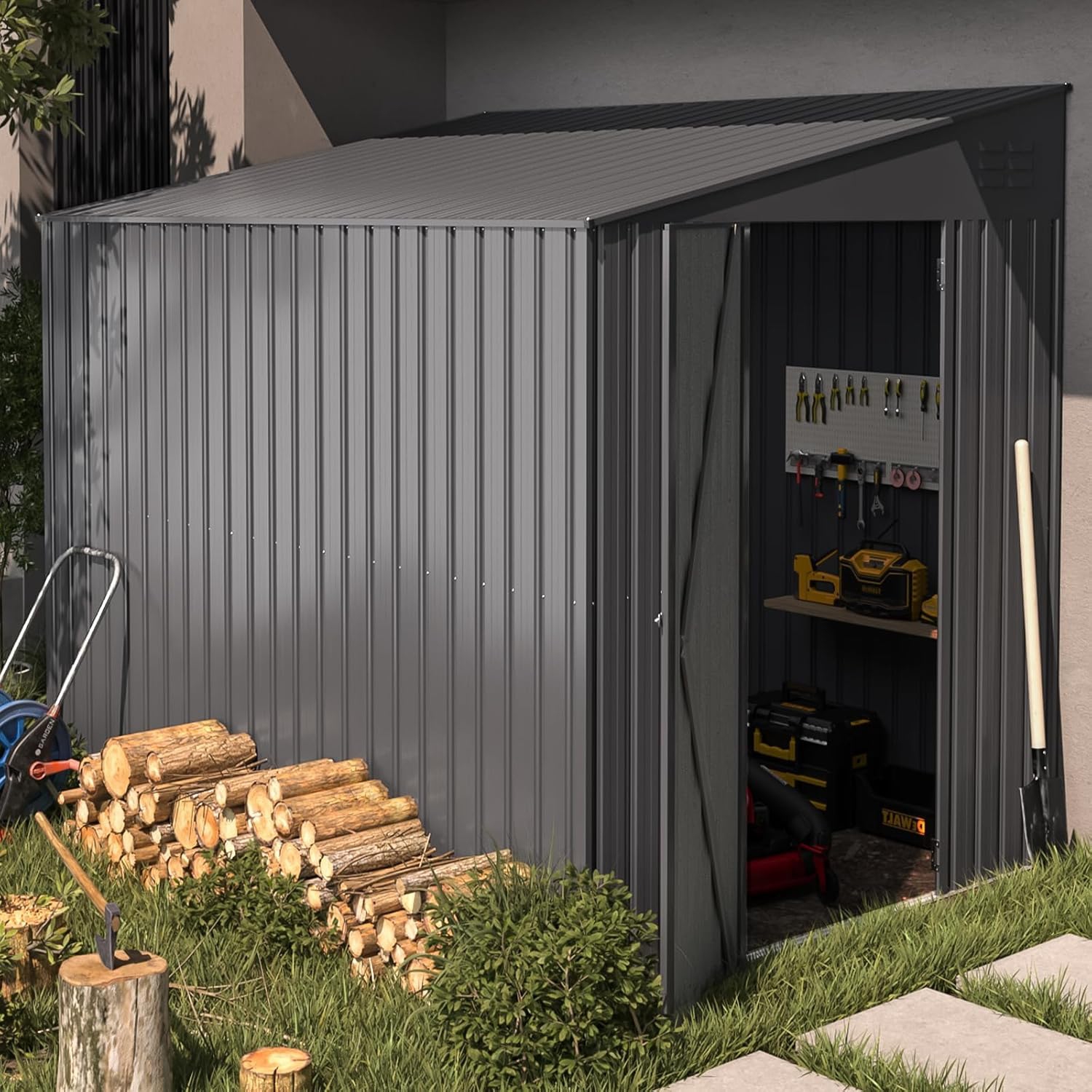 AECOJOY 6' x 8' Lean to Storage Shed Outdoor Storage, Storage Cabinet Shed Metal Wall Side Storage Sheds, Dark Grey