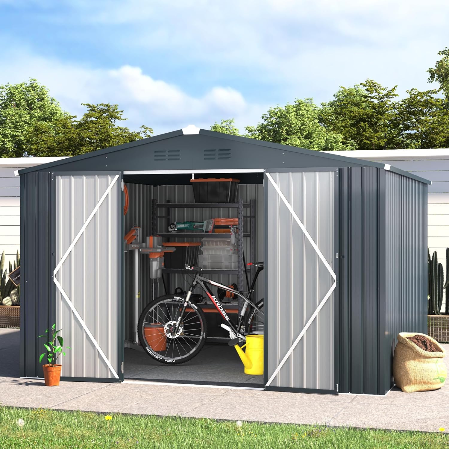 AECOJOY 10'x10' Storage Sheds, Steel Backyard Shed with Lockable Doors, Dark Grey