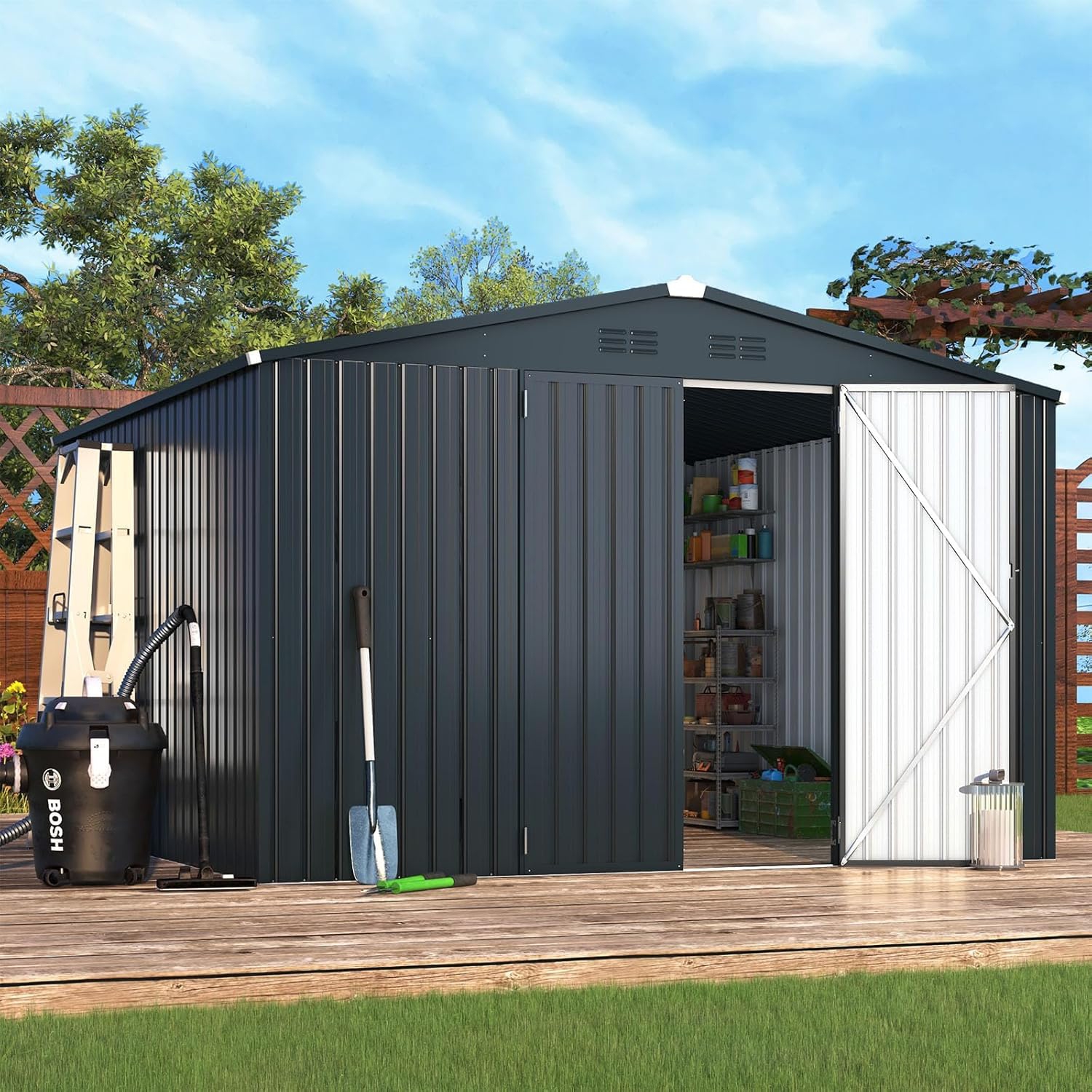 AECOJOY 10'x10' Storage Sheds, Steel Backyard Shed with Lockable Doors, Dark Grey