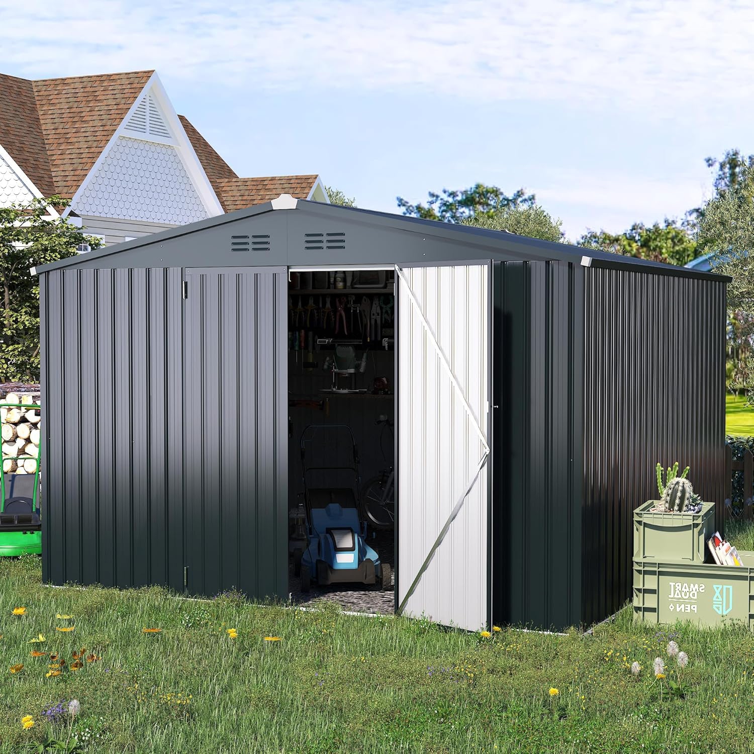 AECOJOY 10'x10' Storage Sheds, Steel Backyard Shed with Lockable Doors, Dark Grey