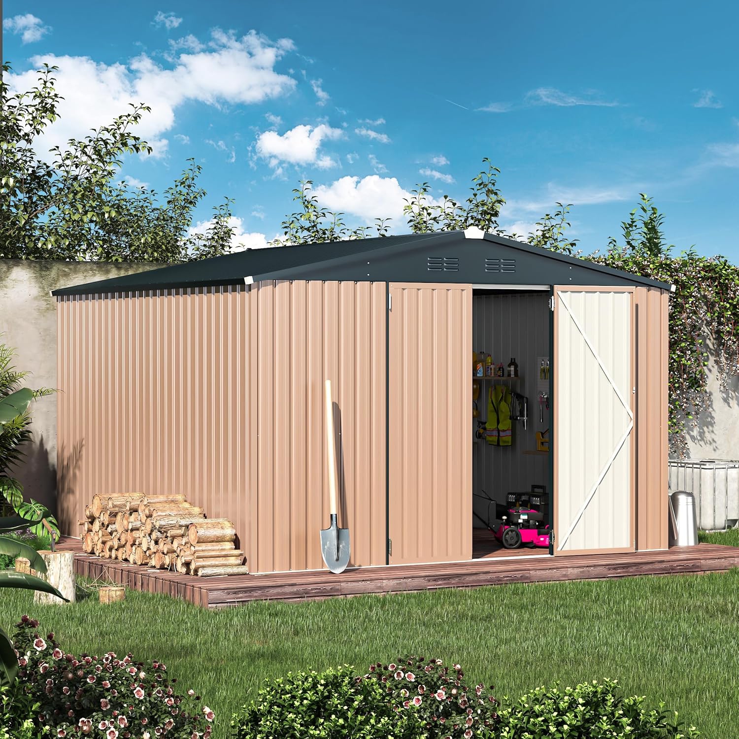 AECOJOY 10'x10' Storage Sheds, Steel Backyard Shed with Lockable Doors, Grey