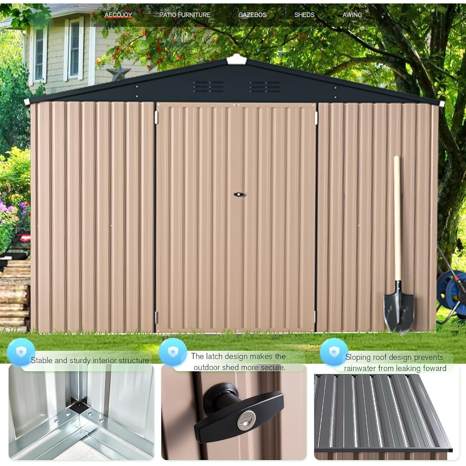 AECOJOY 10'x10' Storage Sheds, Steel Backyard Shed with Lockable Doors, Grey