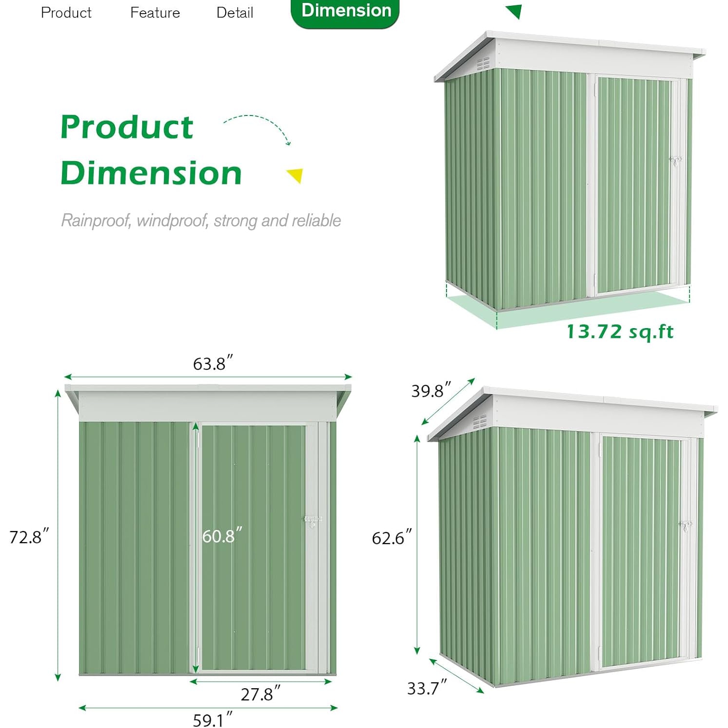 AECOJOY 5' x 3' Outdoor Storage Shed, Small Metal Shed with Design of Lockable Door, Green