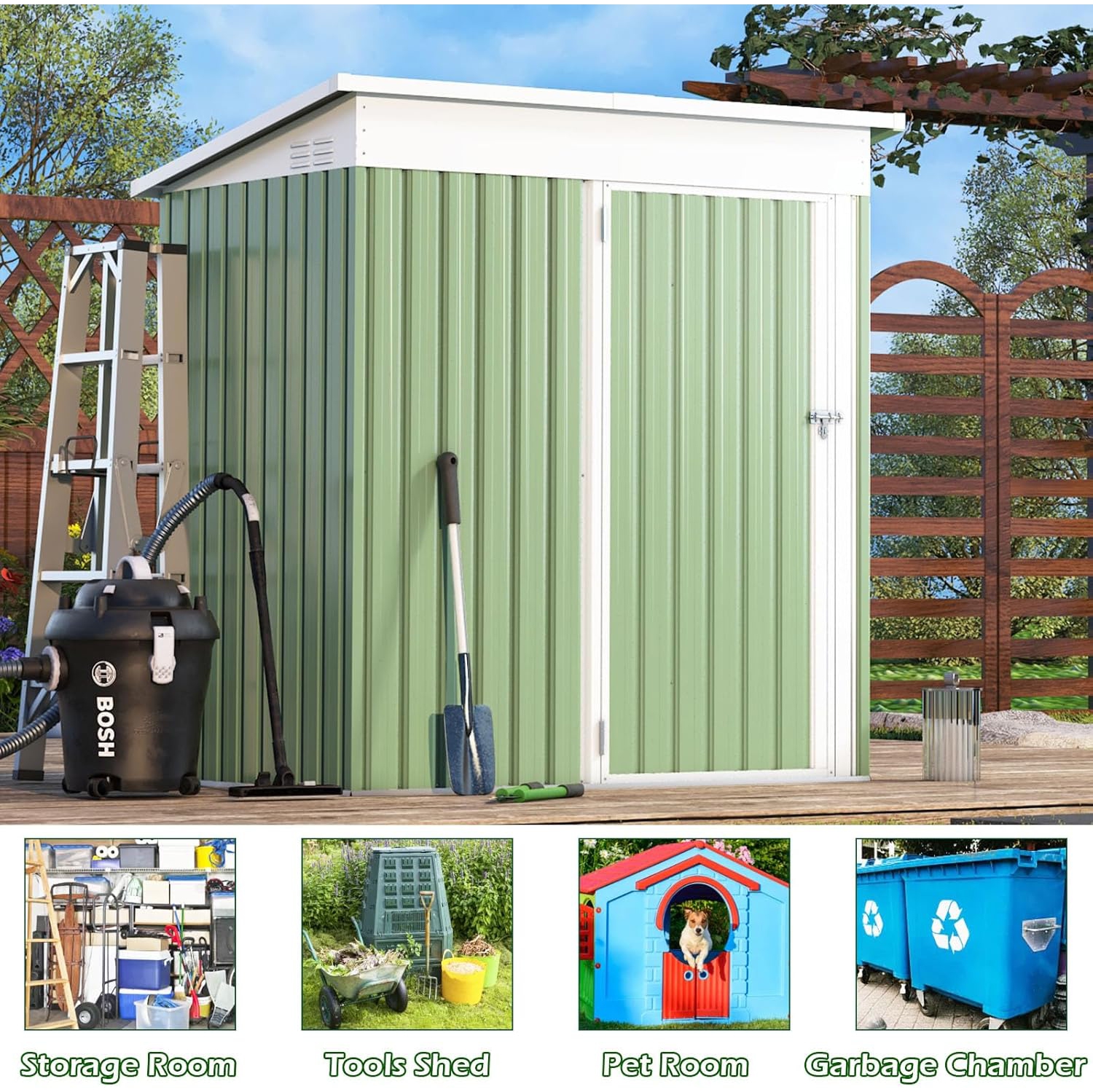 AECOJOY 5' x 3' Outdoor Storage Shed, Small Metal Shed with Design of Lockable Door, Green