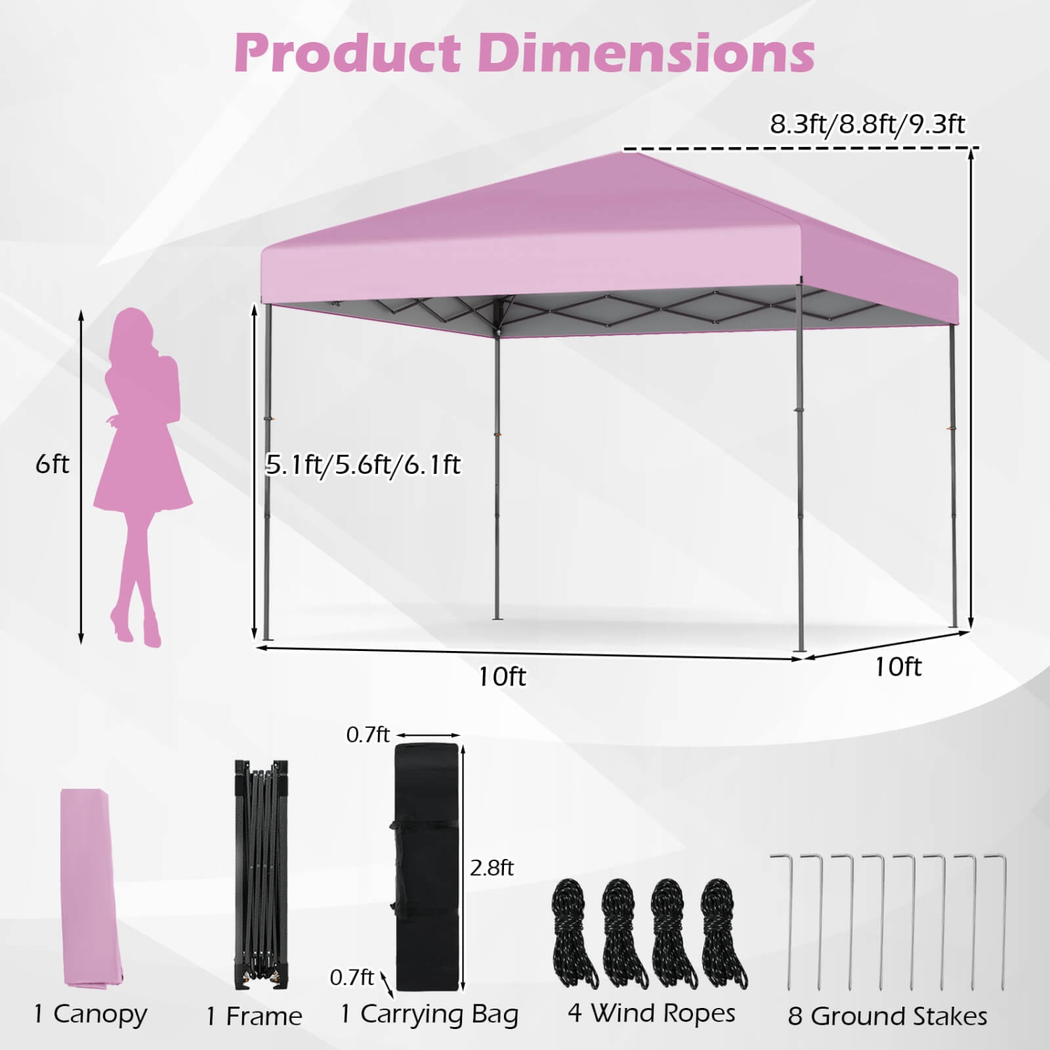 Costway 10 X 10 FT Pop up Canopy Tent with Portable Carrying Bag 8 Stakes 4 Wind Ropes Pink/Yellow/Beige/White/Gray/Navy
