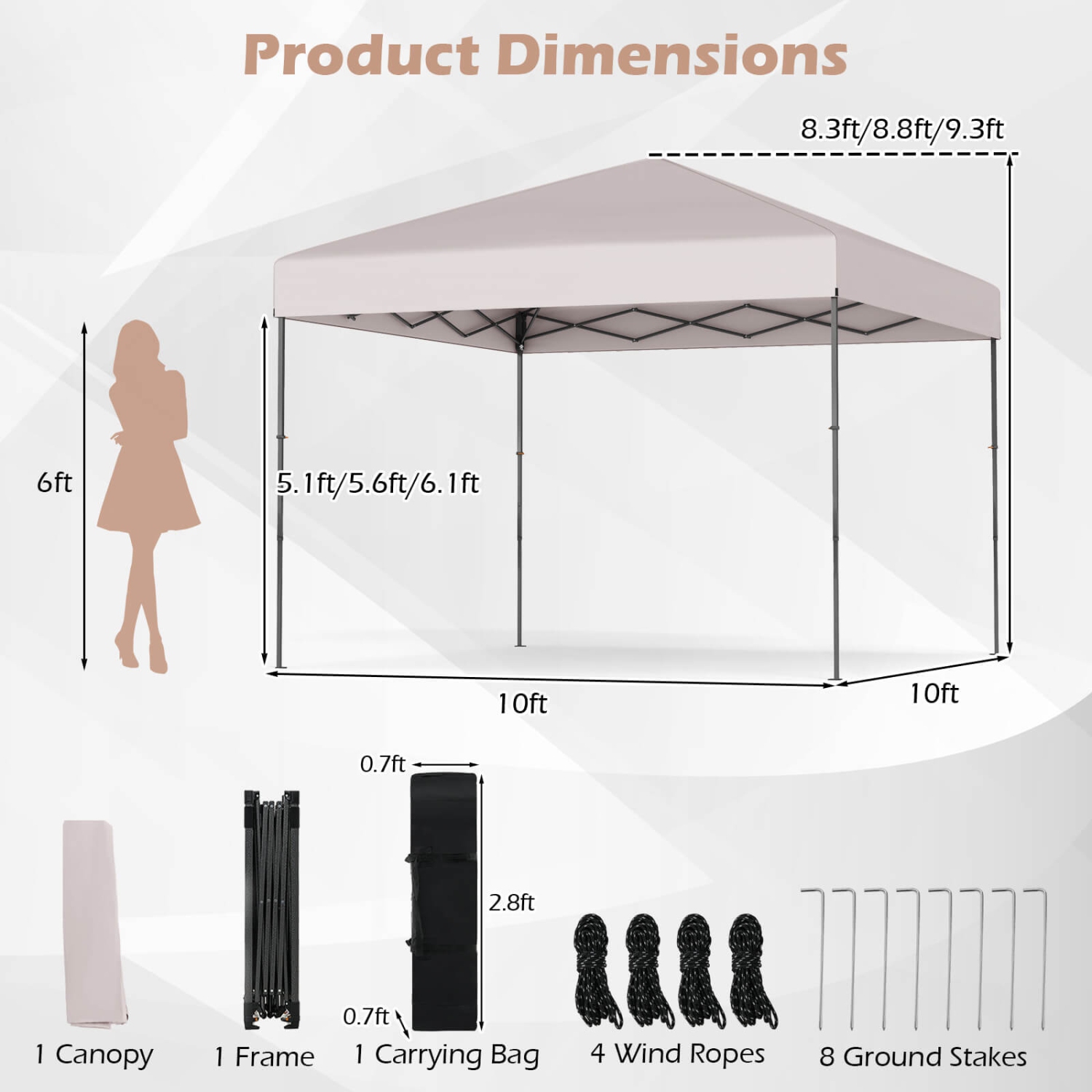 Costway 10 X 10 FT Pop up Canopy Tent with Portable Carrying Bag 8 Stakes 4 Wind Ropes Pink/Yellow/Beige/White/Gray/Navy
