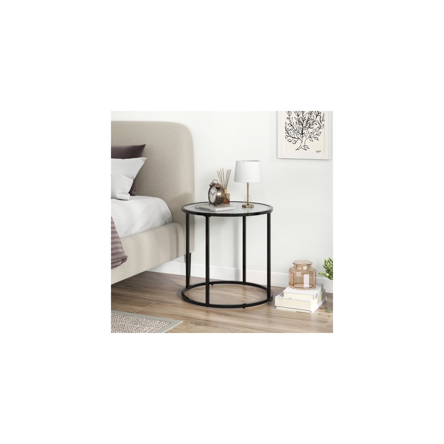 Table de bout en verre avec cadre en métal et dessus en faux marbre pour le salon