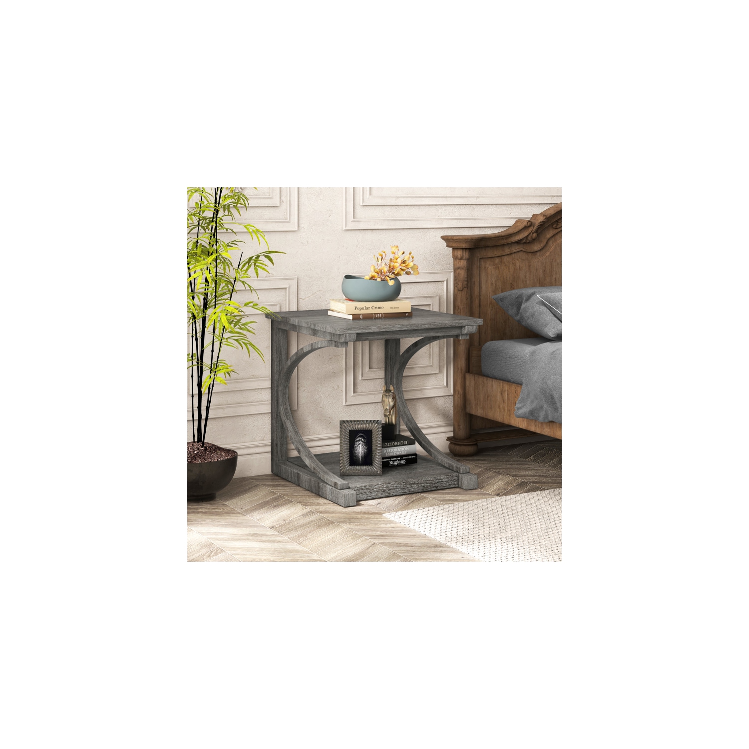 Table d'appoint moderne en forme de C avec 2 tablettes de rangement carrées