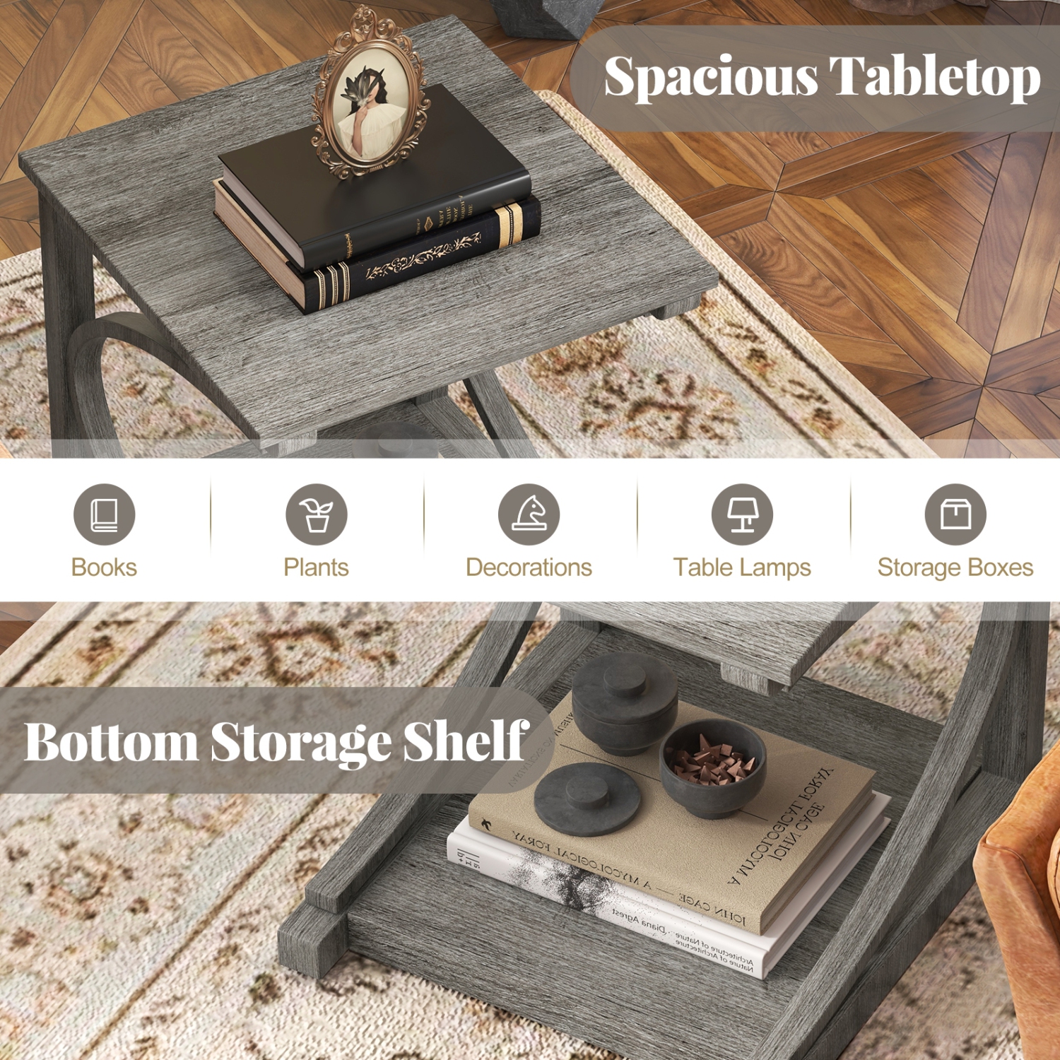 Table d'appoint moderne en forme de C avec 2 tablettes de rangement carrées