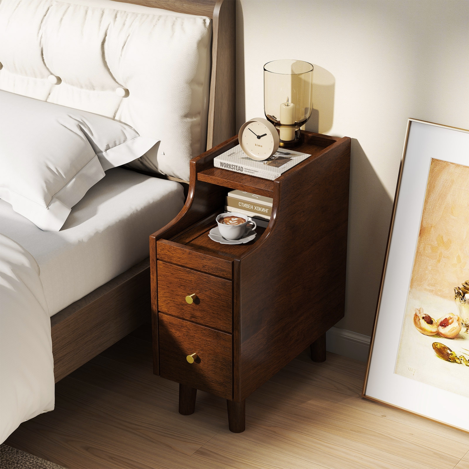Solid Wood End Table with Pull-Out Tray and 2 Storage Drawers for Bedroom