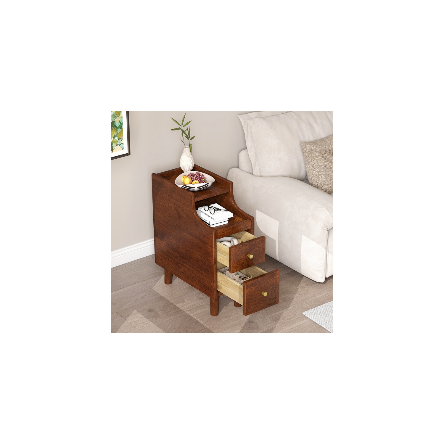 Solid Wood End Table with Pull-Out Tray and 2 Storage Drawers for Bedroom