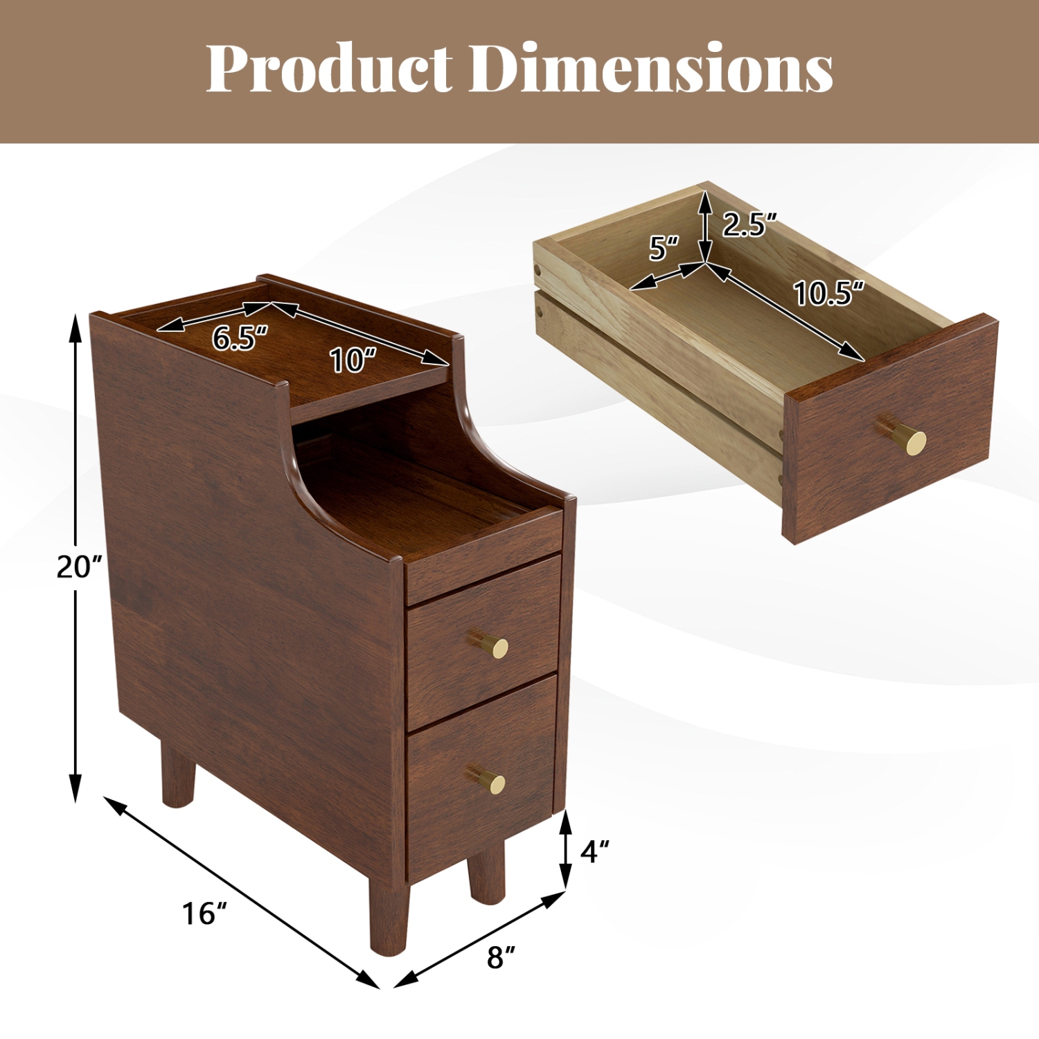 Solid Wood End Table with Pull-Out Tray and 2 Storage Drawers for Bedroom