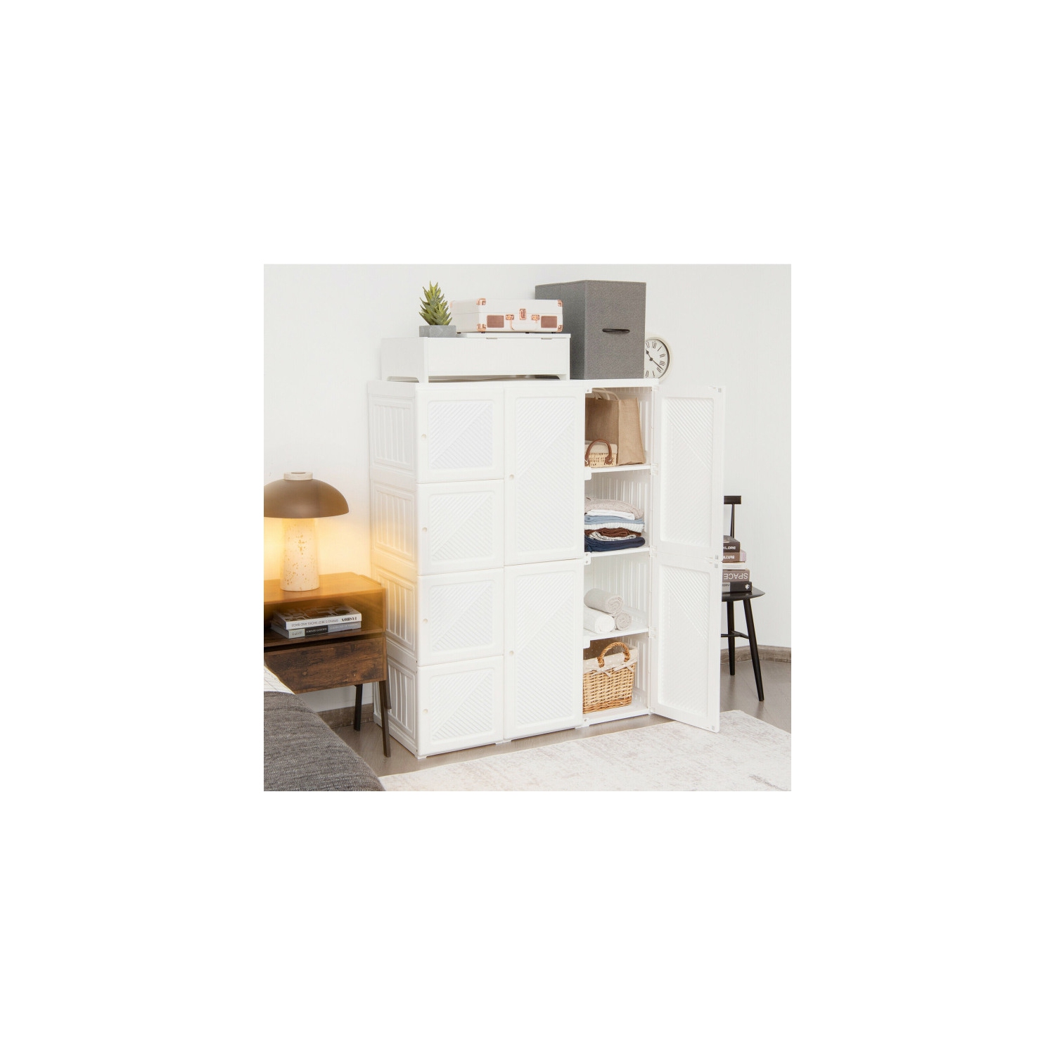 Fold able Clothes Armoire with 12 Cubby Storage for Bedroom or Closet Organization