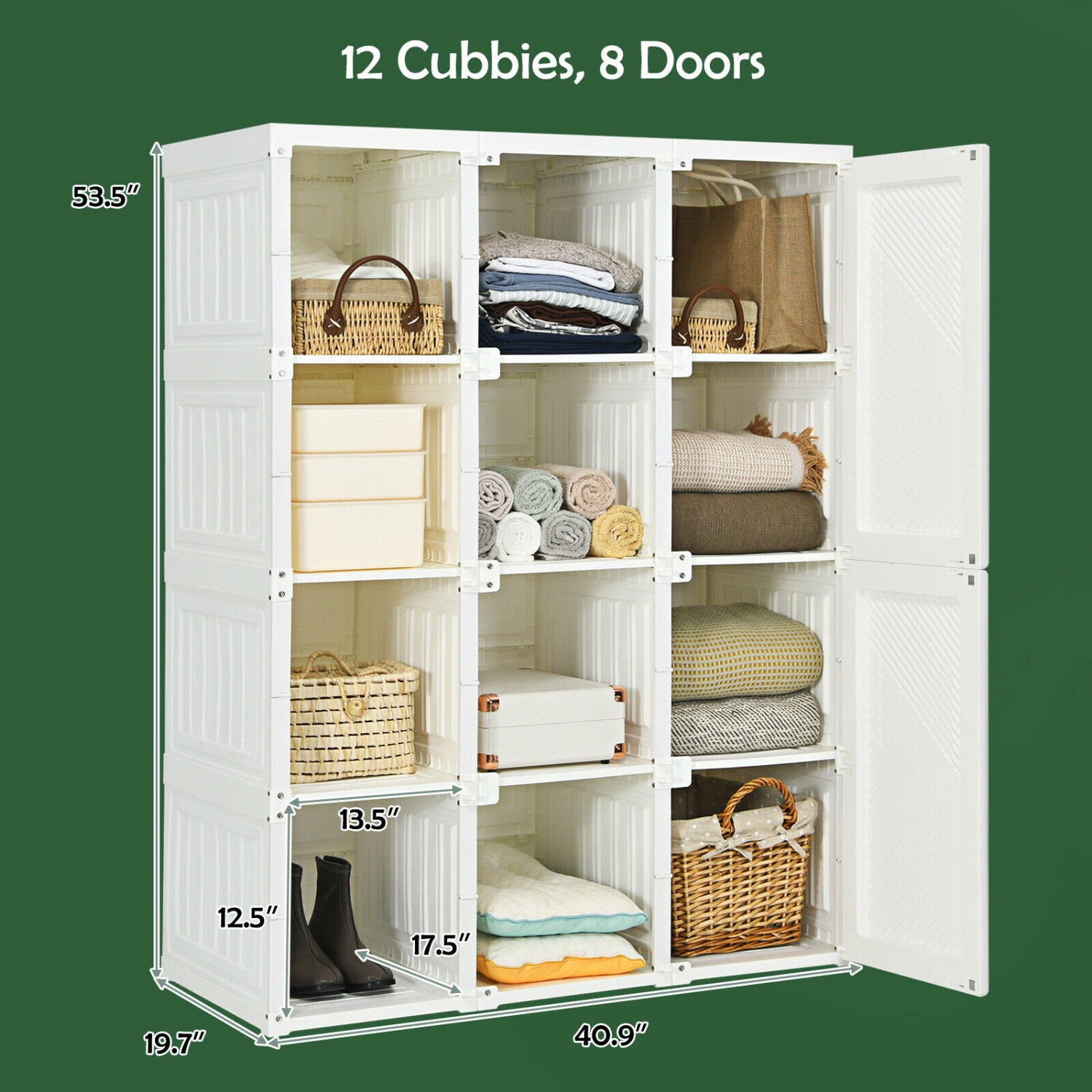Fold able Clothes Armoire with 12 Cubby Storage for Bedroom or Closet Organization