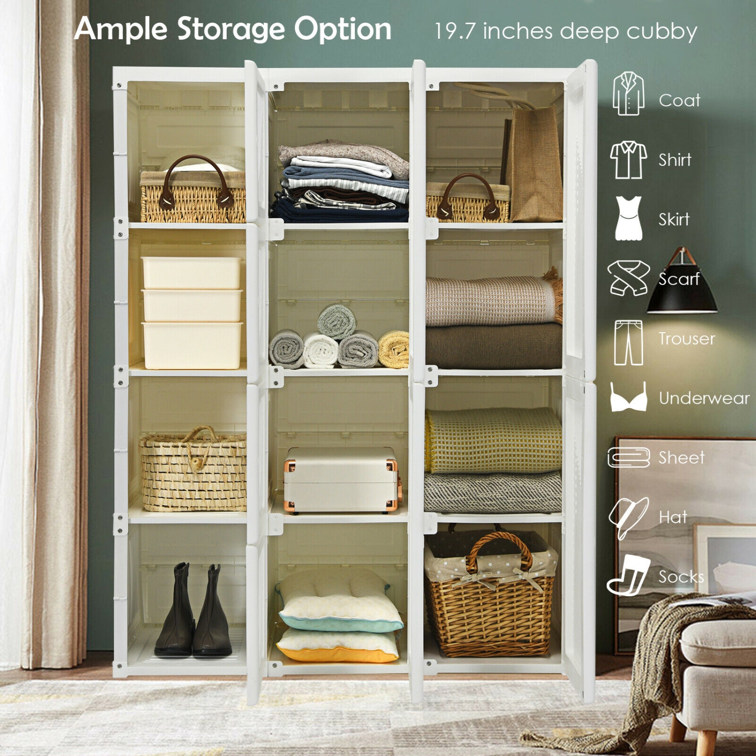 Fold able Clothes Armoire with 12 Cubby Storage for Bedroom or Closet Organization