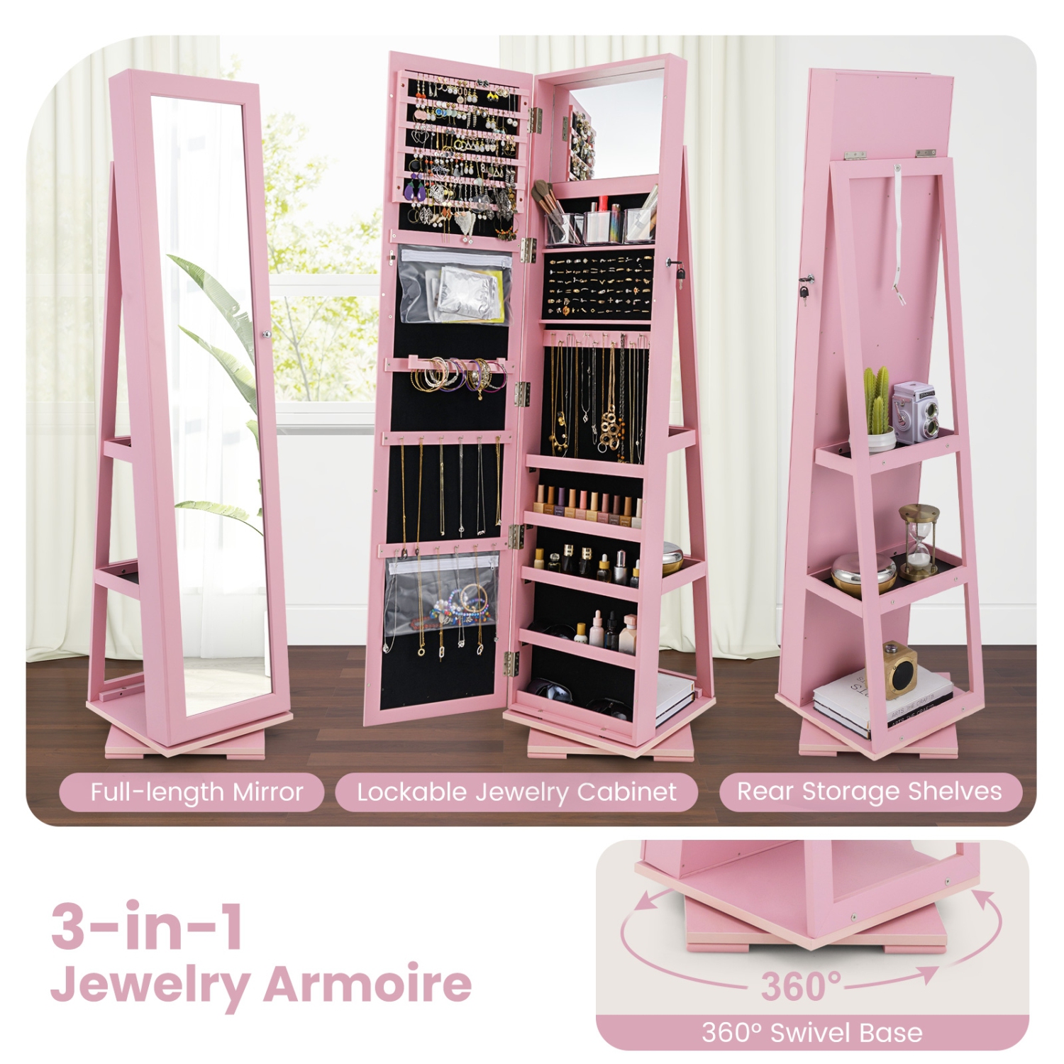 Armoire à bijoux 2-en-1 verrouillable avec rotation à 360° et miroir pleine longueur